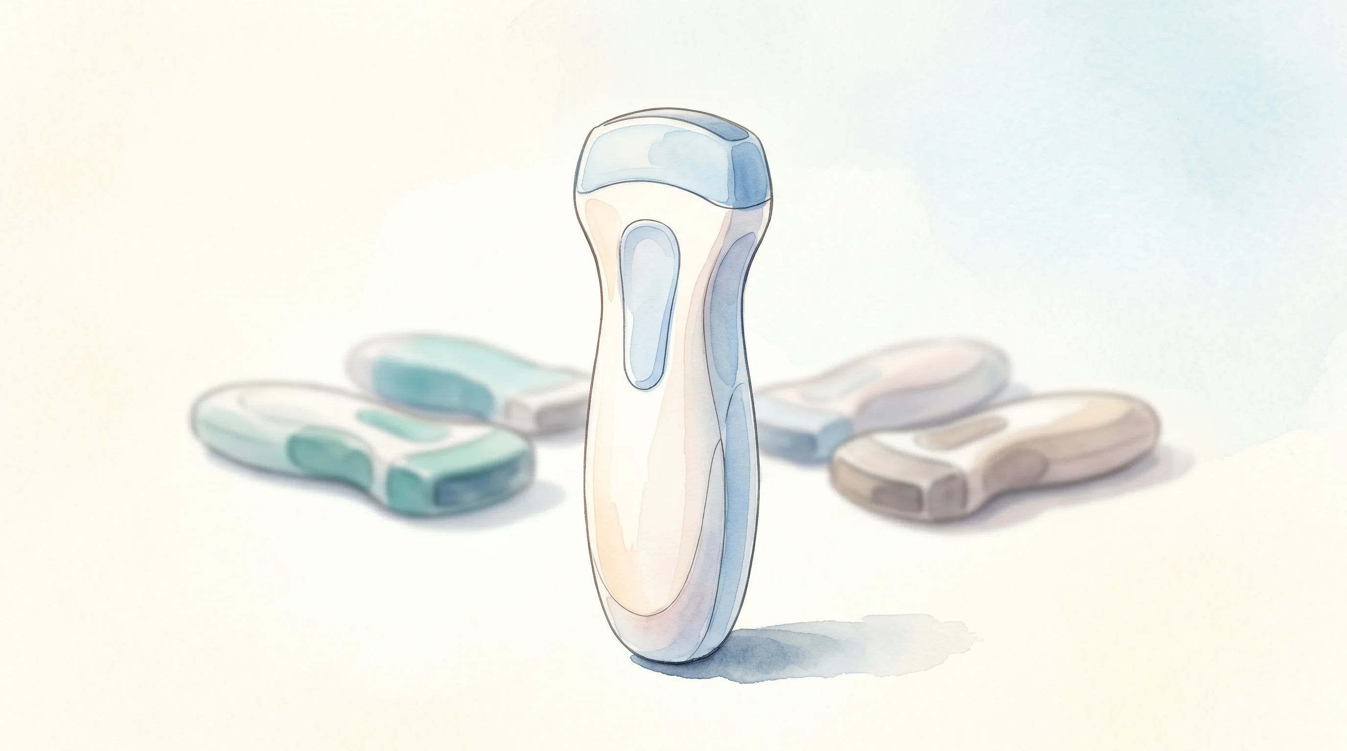Digital illustration for article section "A Crowded Field, A Specific Bet" in "YC-Backed Lumius Launches Affordable 3D Ultrasound for Clinicians" - A minimalist, conceptual watercolor illustration depicting a sleek, pocket-sized handheld ultrasound...