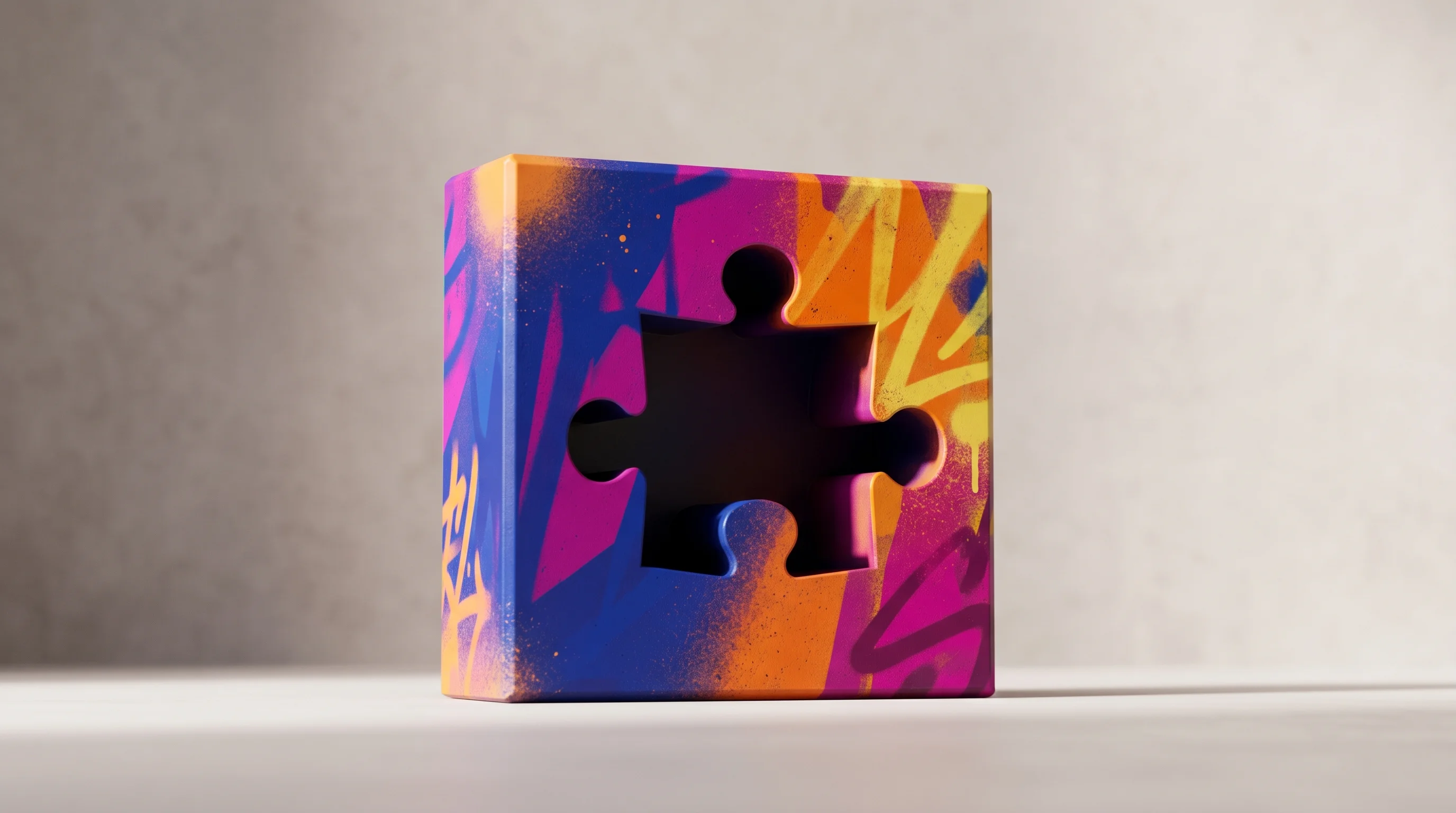Digital illustration for article section "What's Missing" in "YC-Backed Cignara Launches 'Hallucination-Free' AI Support Agents" - A minimalist and conceptual geometric composition centered around a sleek, modern 3D block with a pr...