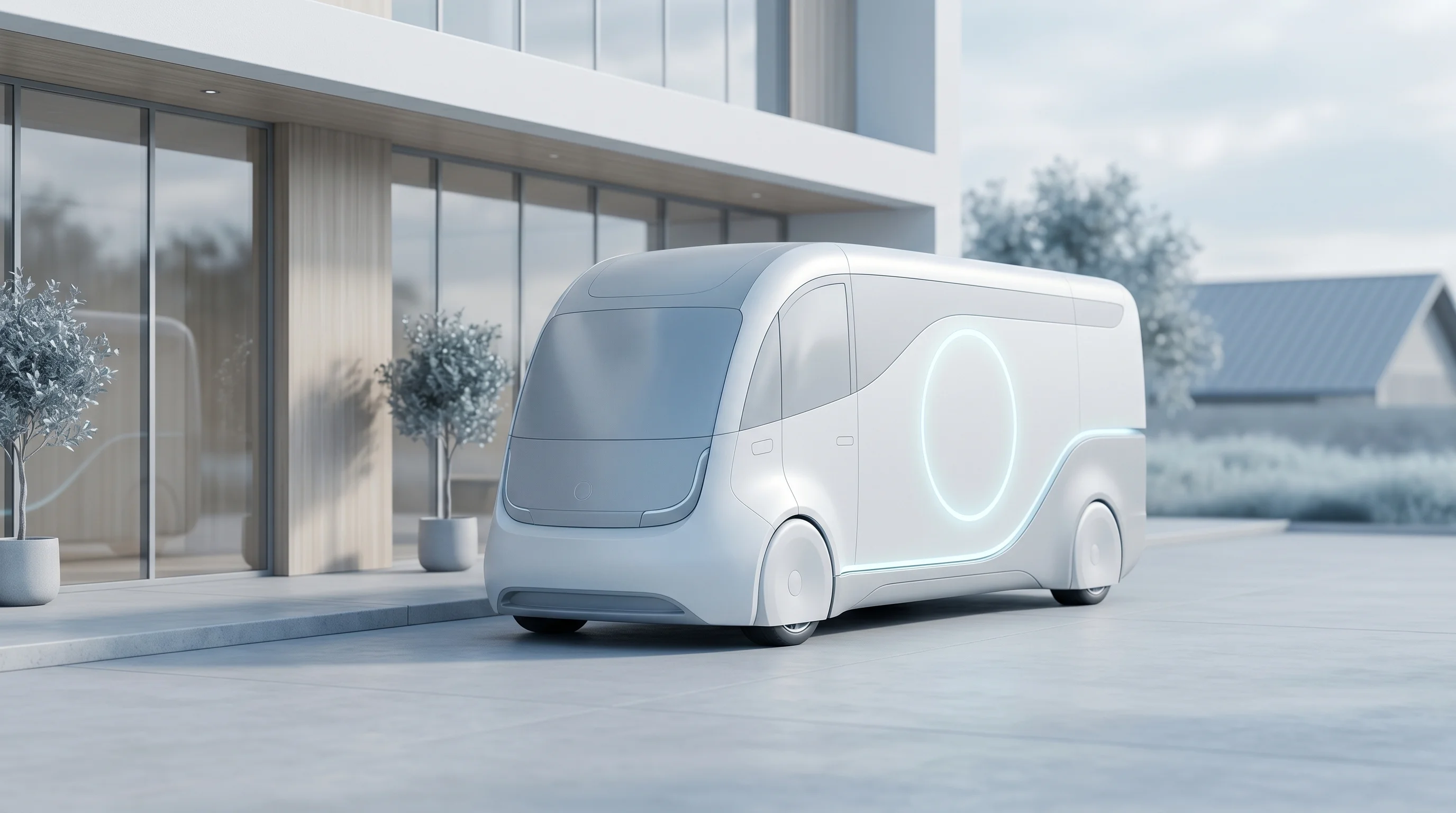 Digital illustration for article section "Scanning as a Service" in "YC-Backed Adialante Launches Mobile MRI to Democratize Cancer Screening" - A sleek, futuristic mobile medical scanning unit elegantly parked next to the smooth architectural f...