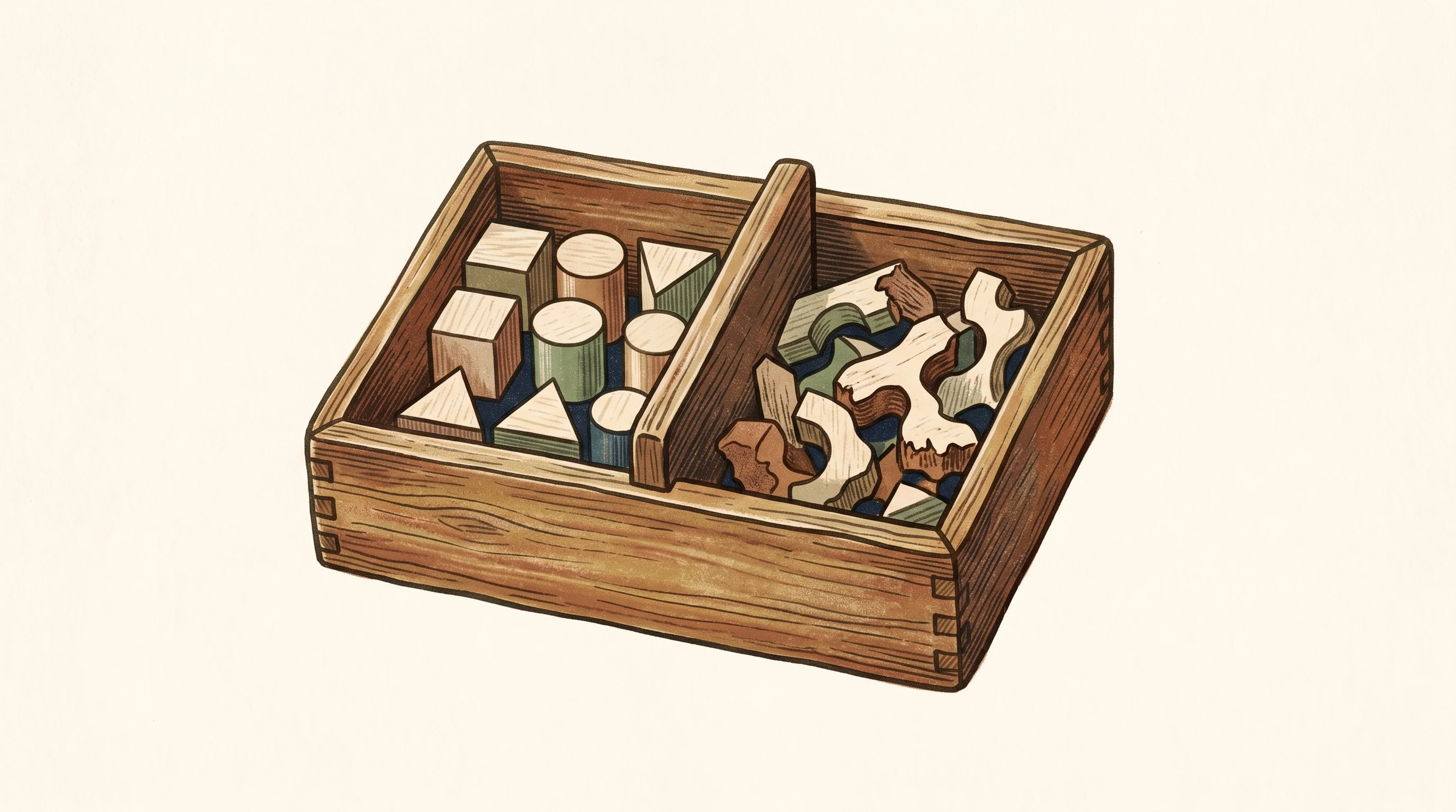 Digital illustration for article section "Why This Problem is Different (And Harder)" in "Silmaril's Self-Healing Defense Blocks AI Prompt Injection Attacks" - A beautifully crafted, vintage wooden sorting box resting on a clean, uncluttered surface, serving a...