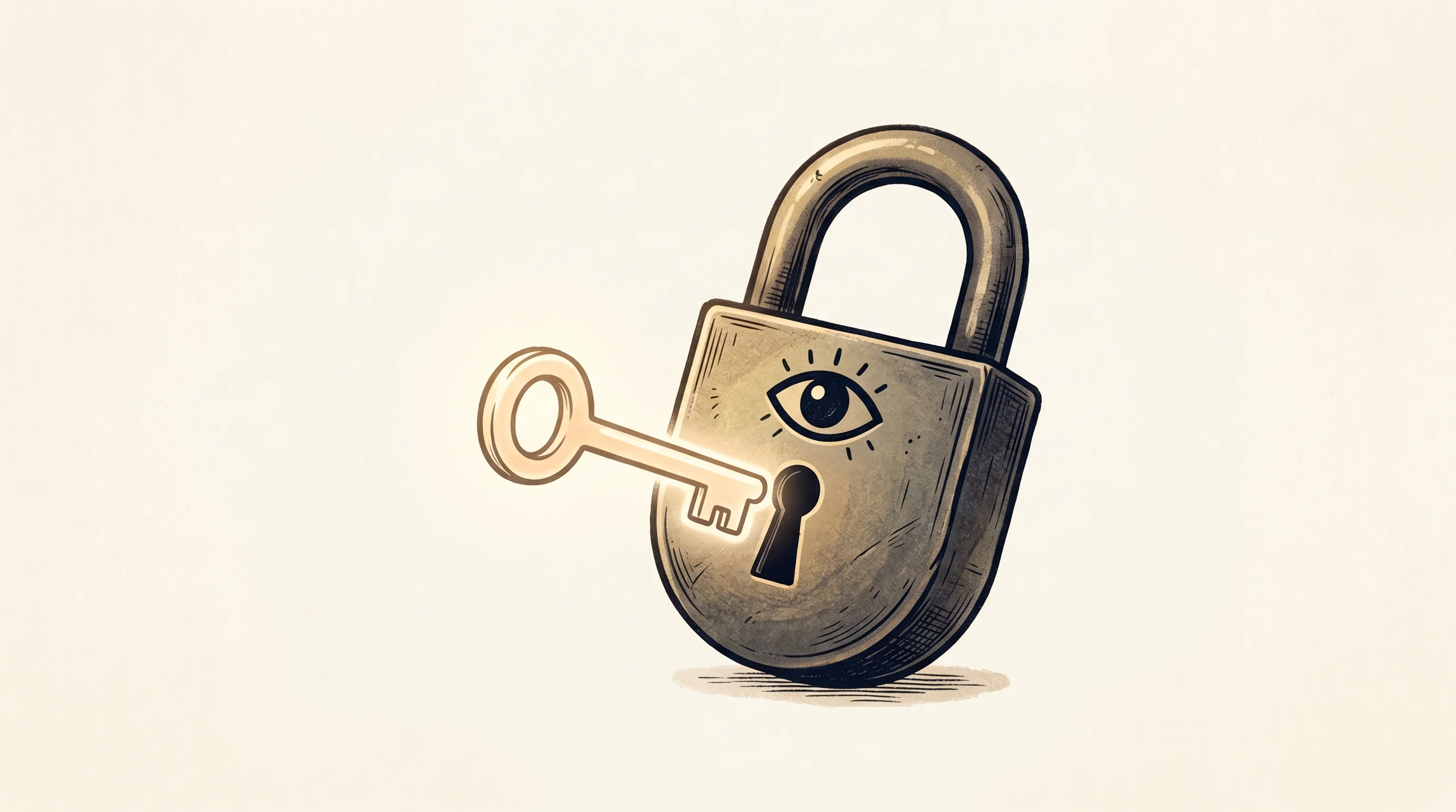 Digital illustration for article section "What the NSA Thinks About Your AI Agent" in "Silmaril's Self-Healing Defense Blocks AI Prompt Injection Attacks" - A minimalist, conceptual illustration of a stylized, luminous key hovering just outside the keyhole ...