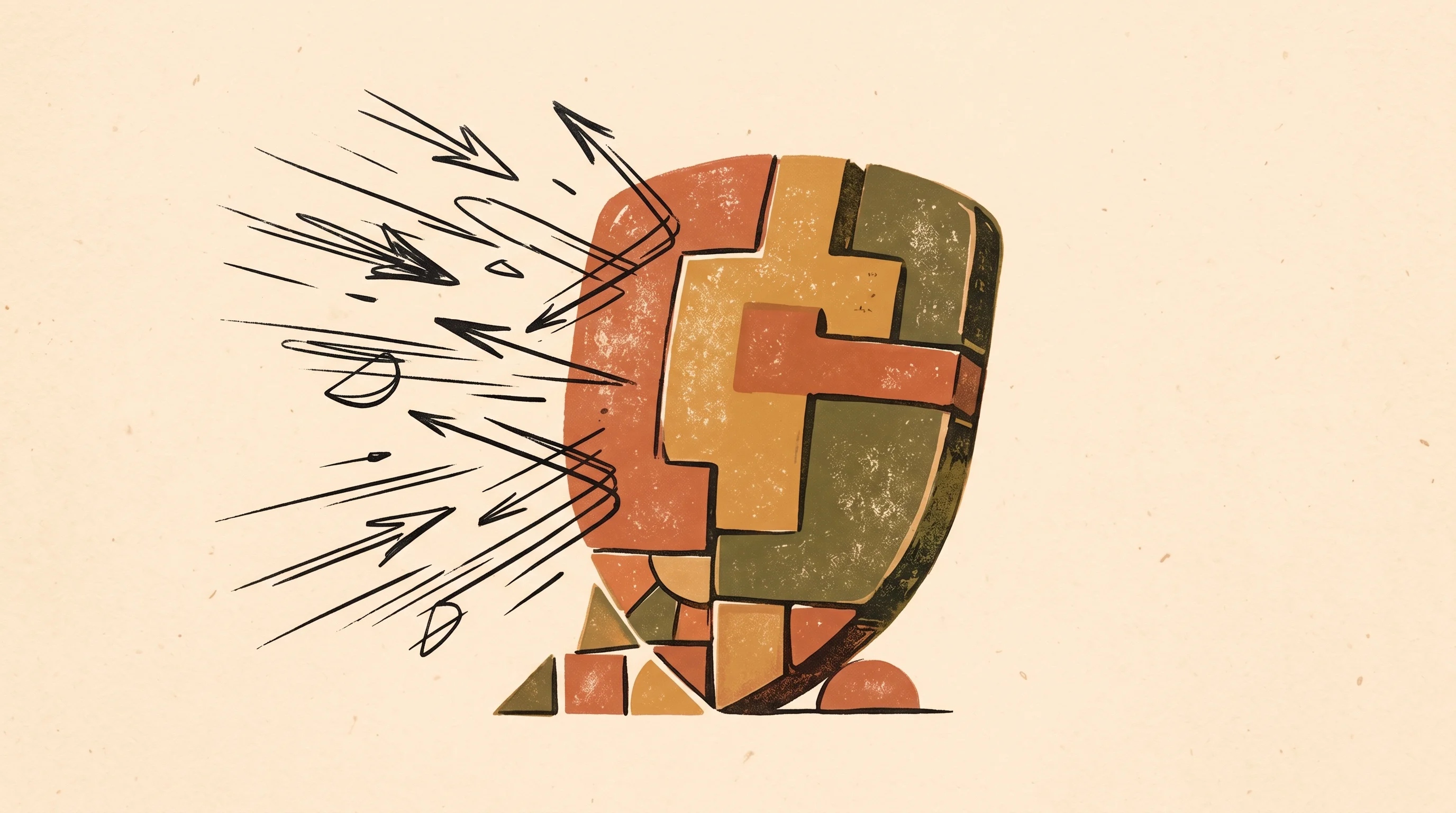 Digital illustration for article section "The Arms Race Ahead" in "Silmaril's Self-Healing Defense Blocks AI Prompt Injection Attacks" - A minimalist, conceptual illustration of a sturdy, abstract protective shield deflecting swift, styl...
