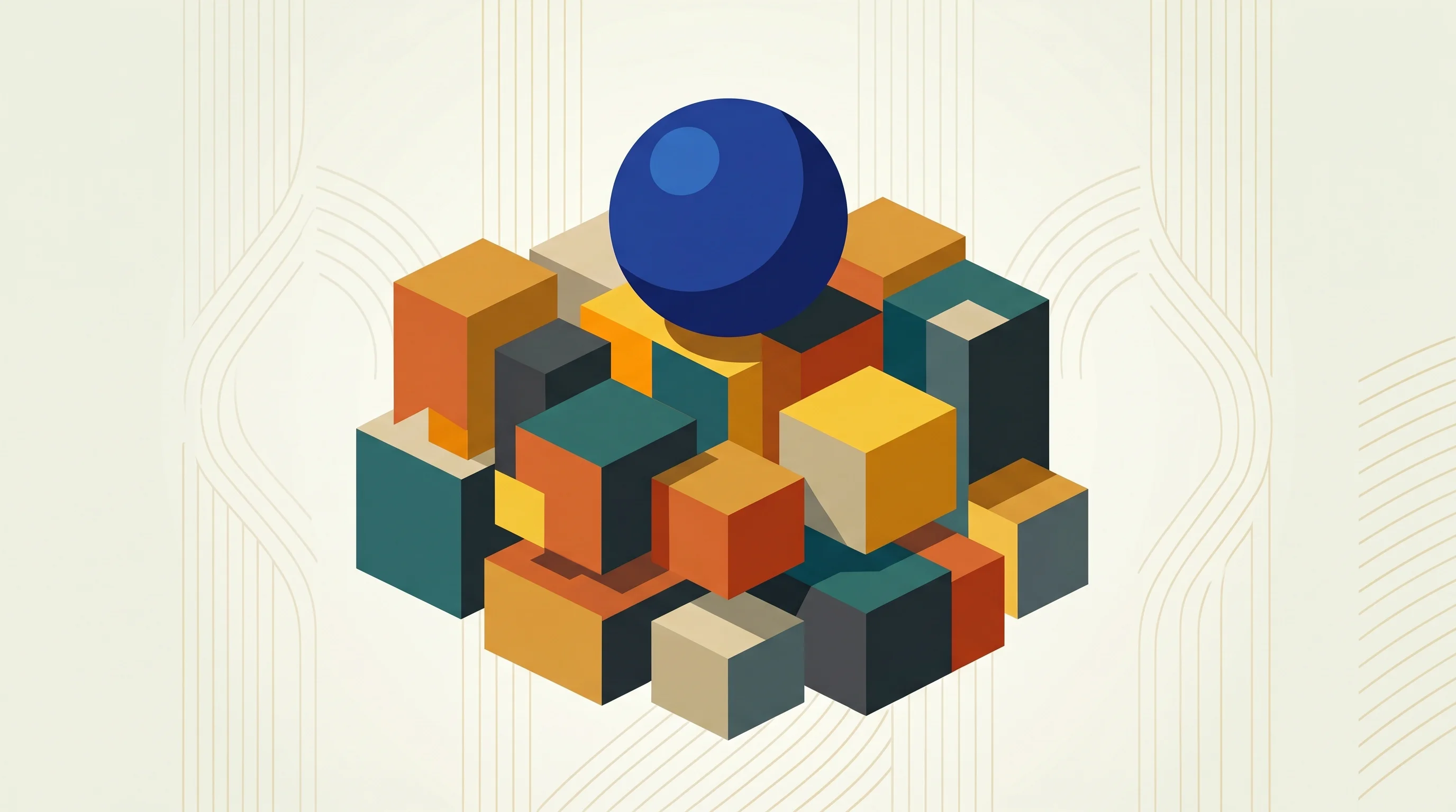 Digital illustration for article section "Arriving into a crowded field" in "Zenbu Launches IDE Built for AI Coding Agent Orchestration" - A conceptual, abstract illustration of a single, bold geometric sphere gently descending into a dens...