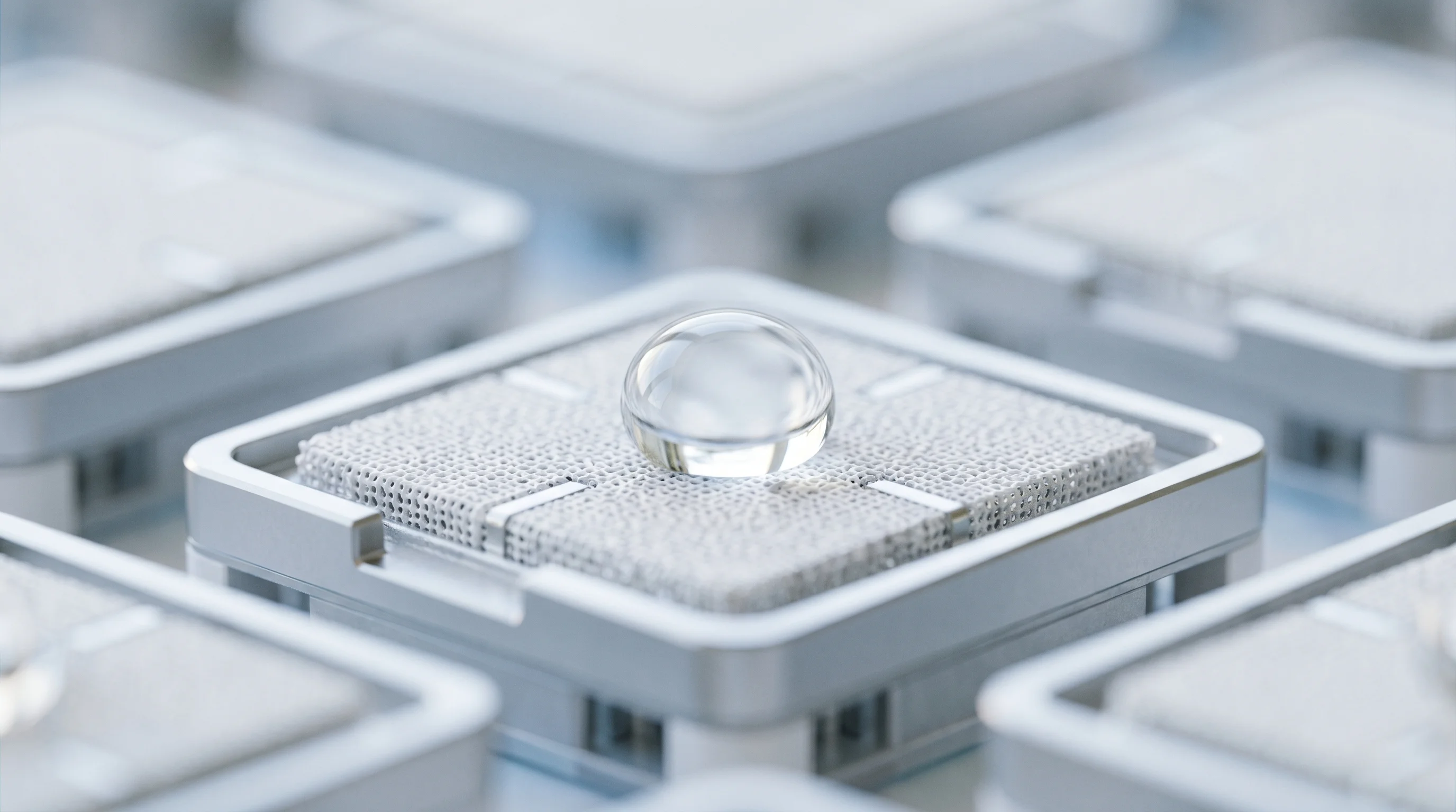 Digital illustration for article section "A Crowded Field" in "Madrone's Cooling Tech Cuts Data Center Water, Power Use by 30%" - A macro tilt-shift photograph capturing a conceptual, miniature representation of an advanced membra...