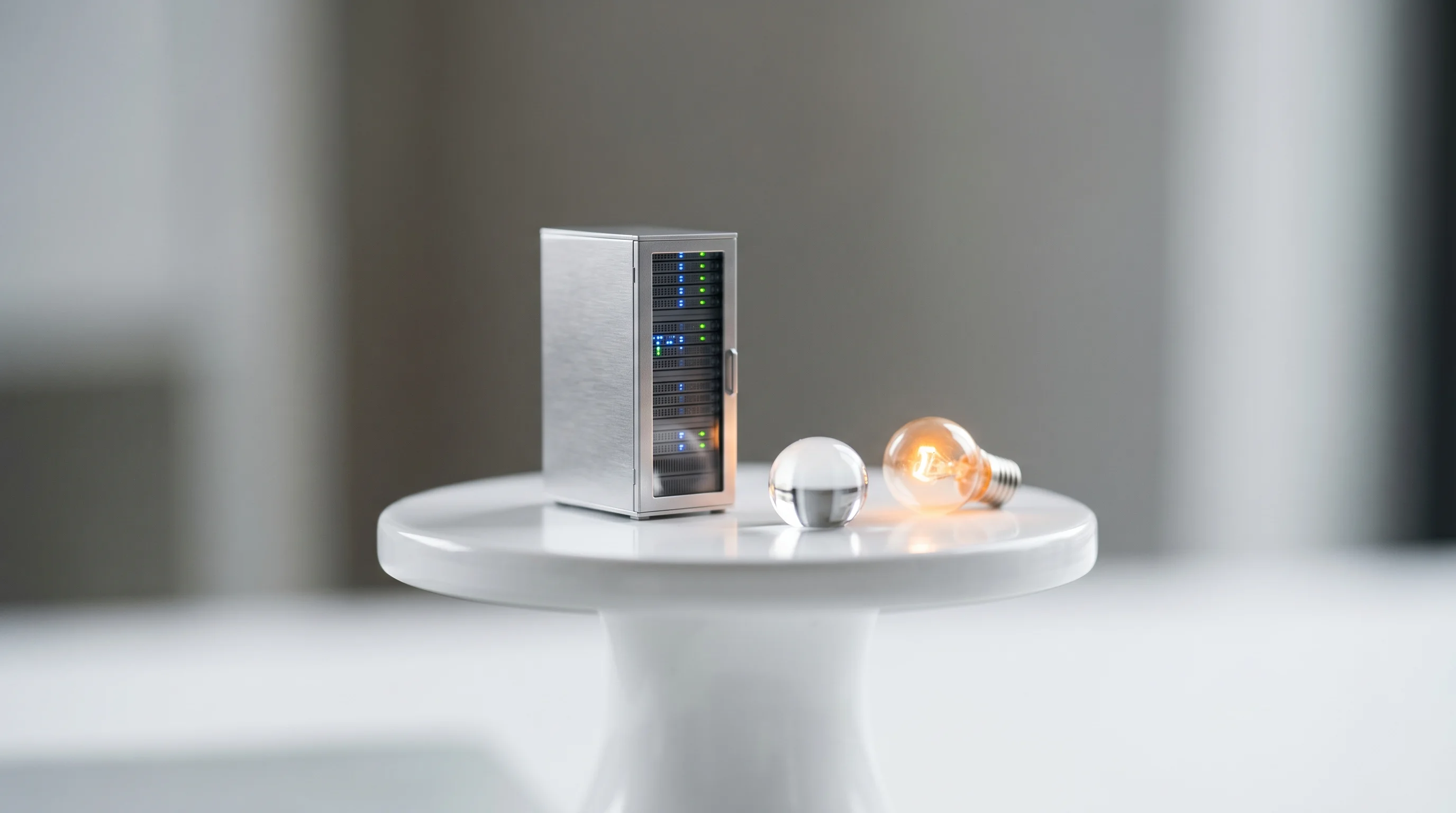 Digital illustration for article section "The Testing Ground" in "Madrone's Cooling Tech Cuts Data Center Water, Power Use by 30%" - A surreal miniature world photography shot of a tiny, modern data center server rack resting on a pr...