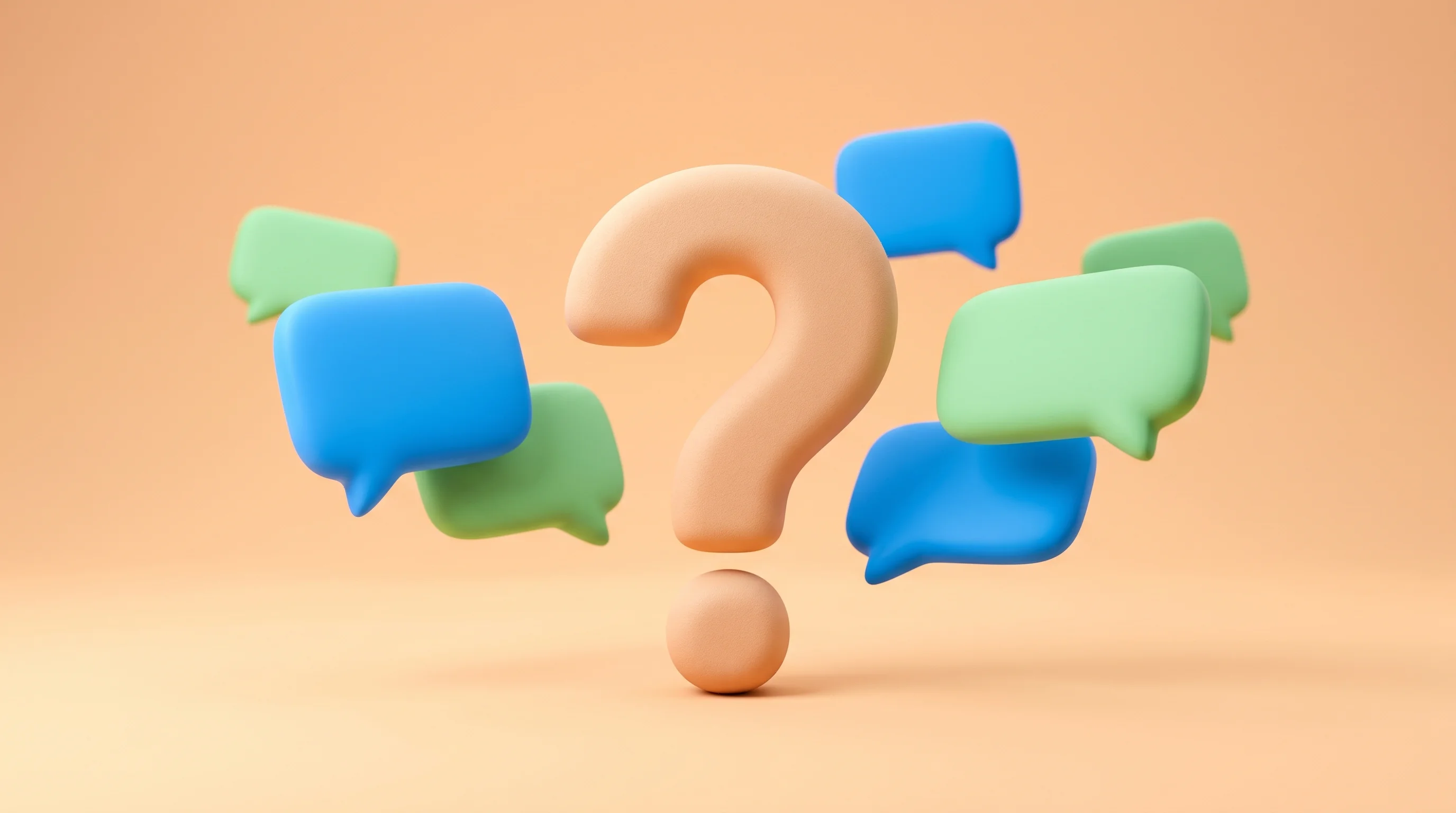 Digital illustration for article section "The Open Question" in "YC-Backed Chert Launches iMessage API for Business Communication" - A clean, minimalist conceptual image featuring a large, softly rounded 3D question mark standing at ...