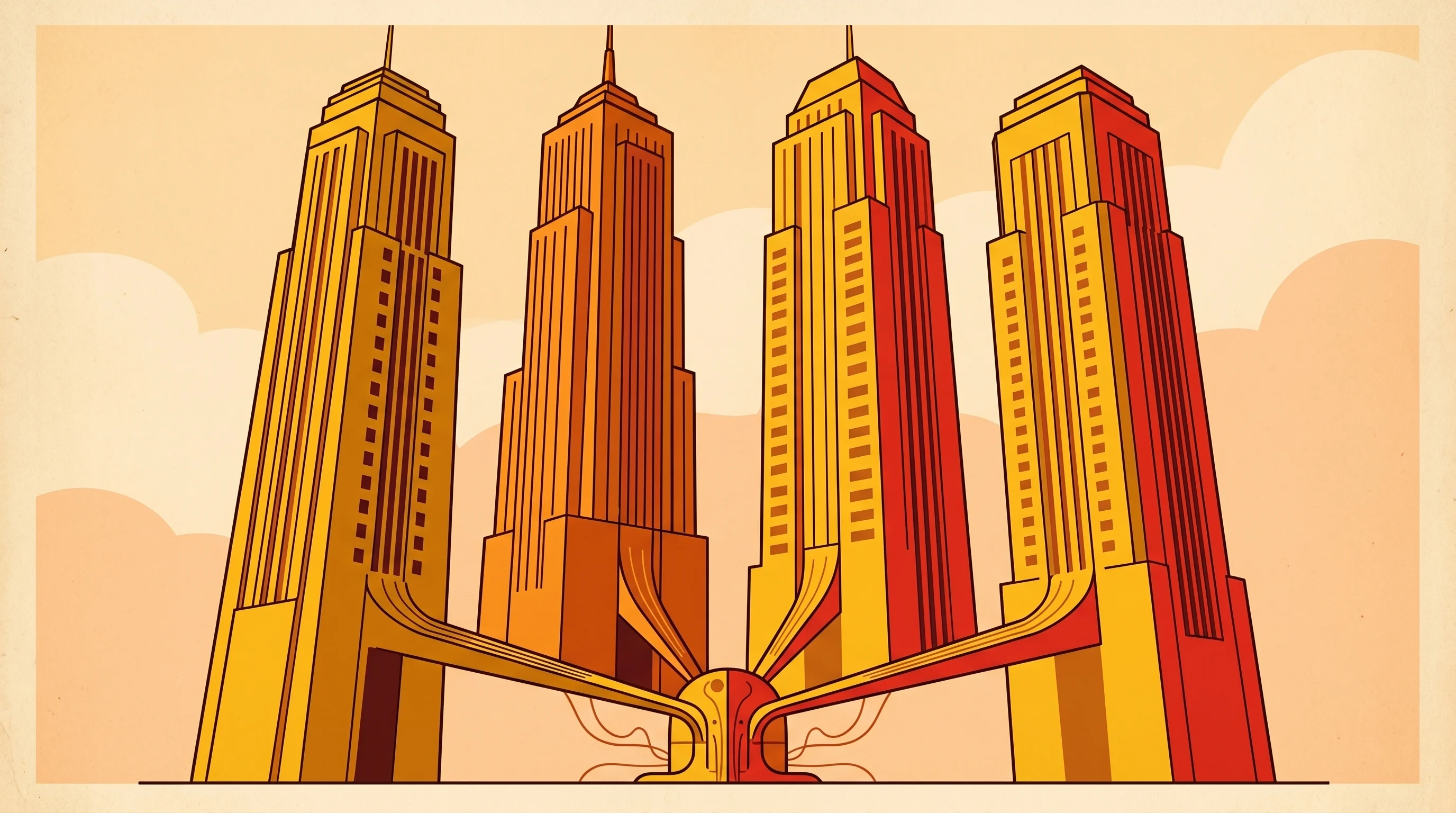 Digital illustration for article section "Fortune 500 Traction—Or a Head Start?" in "Archestra Raises $10M Seed to Secure Enterprise AI Agents" - A minimalist, conceptual illustration representing massive corporate traction, featuring four toweri...