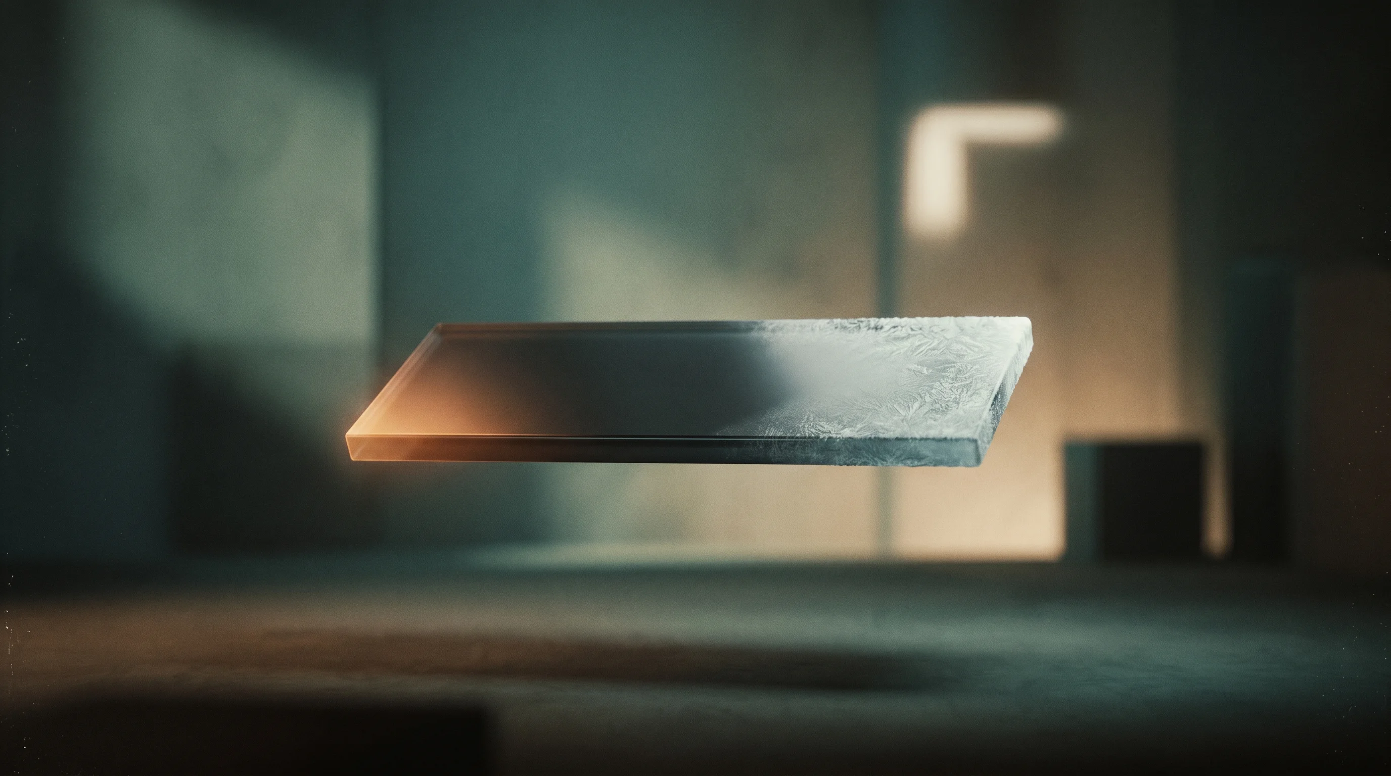 Digital illustration for article section "What Matforge Still Has to Prove" in "YC-Backed Matforge Uses AI Agents to Slash Semiconductor R&D From Years to Months" - A single, polished rectangular slab of advanced semiconductor material suspended in mid-air within a...