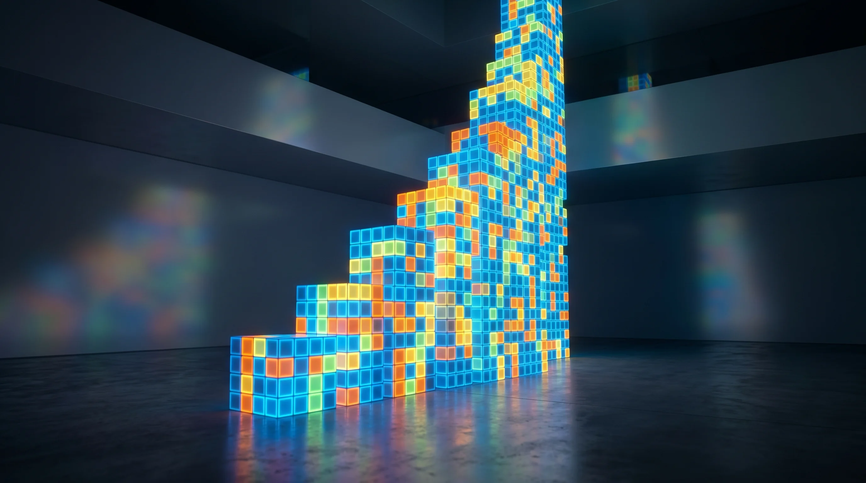 Digital illustration for article section "Market Forces and Mounting Pressure" in "Interfaze Merges DNNs with LLMs for Deterministic AI Tasks" - A conceptual and modern image featuring a massive, heavy, ascending block structure that symbolizes ...