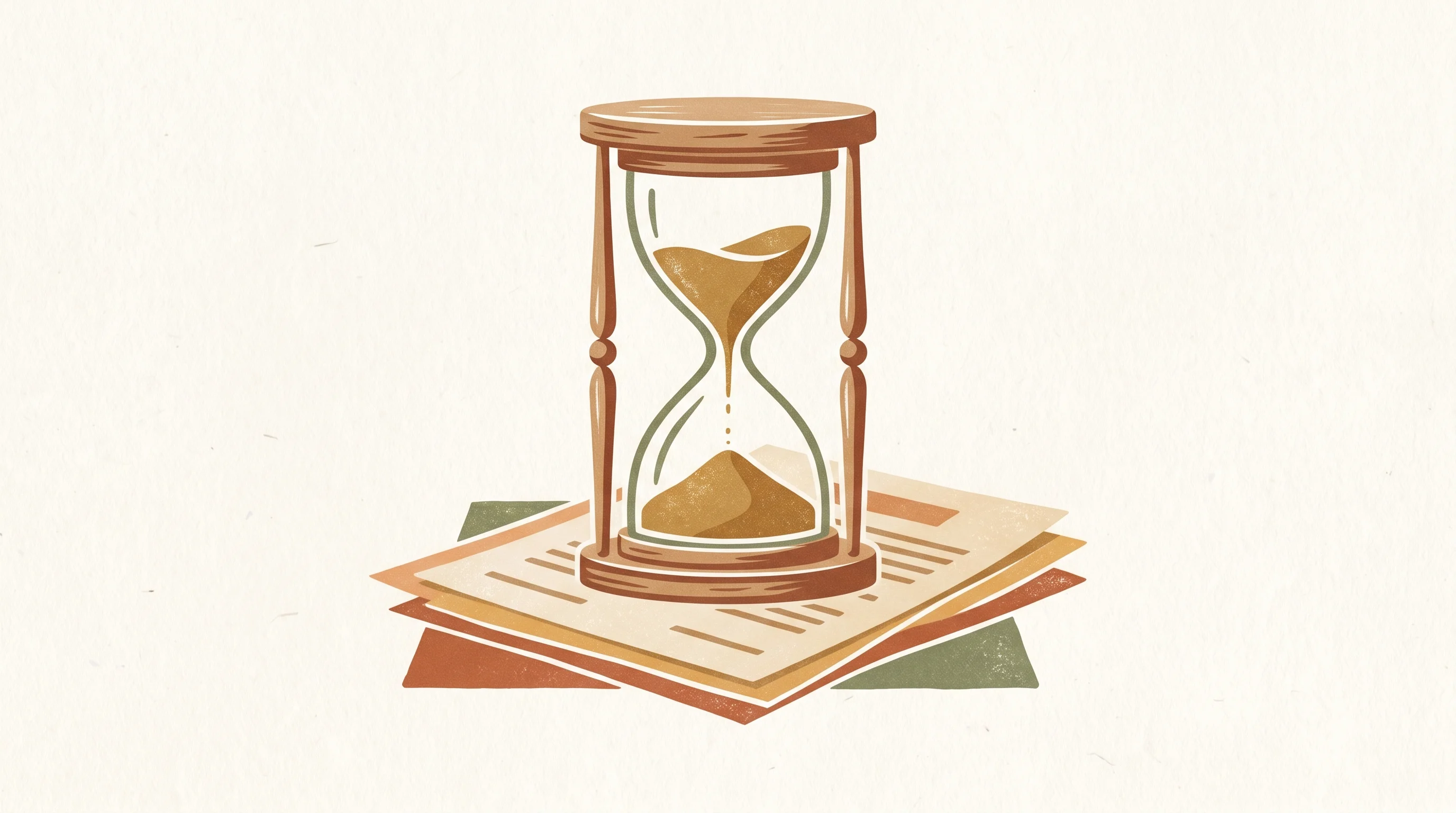 Digital illustration for article section "Regulatory Clocks Ticking Faster" in "YC-Backed Mount Launches First AI Agent Liability Insurance Carrier" - A minimalist, conceptual illustration of a classic, elegant hourglass resting on a stack of simplifi...