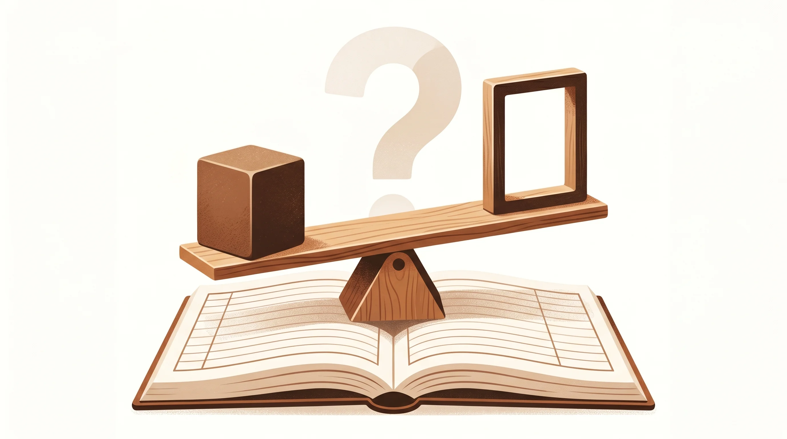 Digital illustration for article section "The Questions That Remain" in "YC-Backed Mount Launches First AI Agent Liability Insurance Carrier" - A minimalist, conceptual illustration of a traditional balancing scale resting on an open, simplifie...