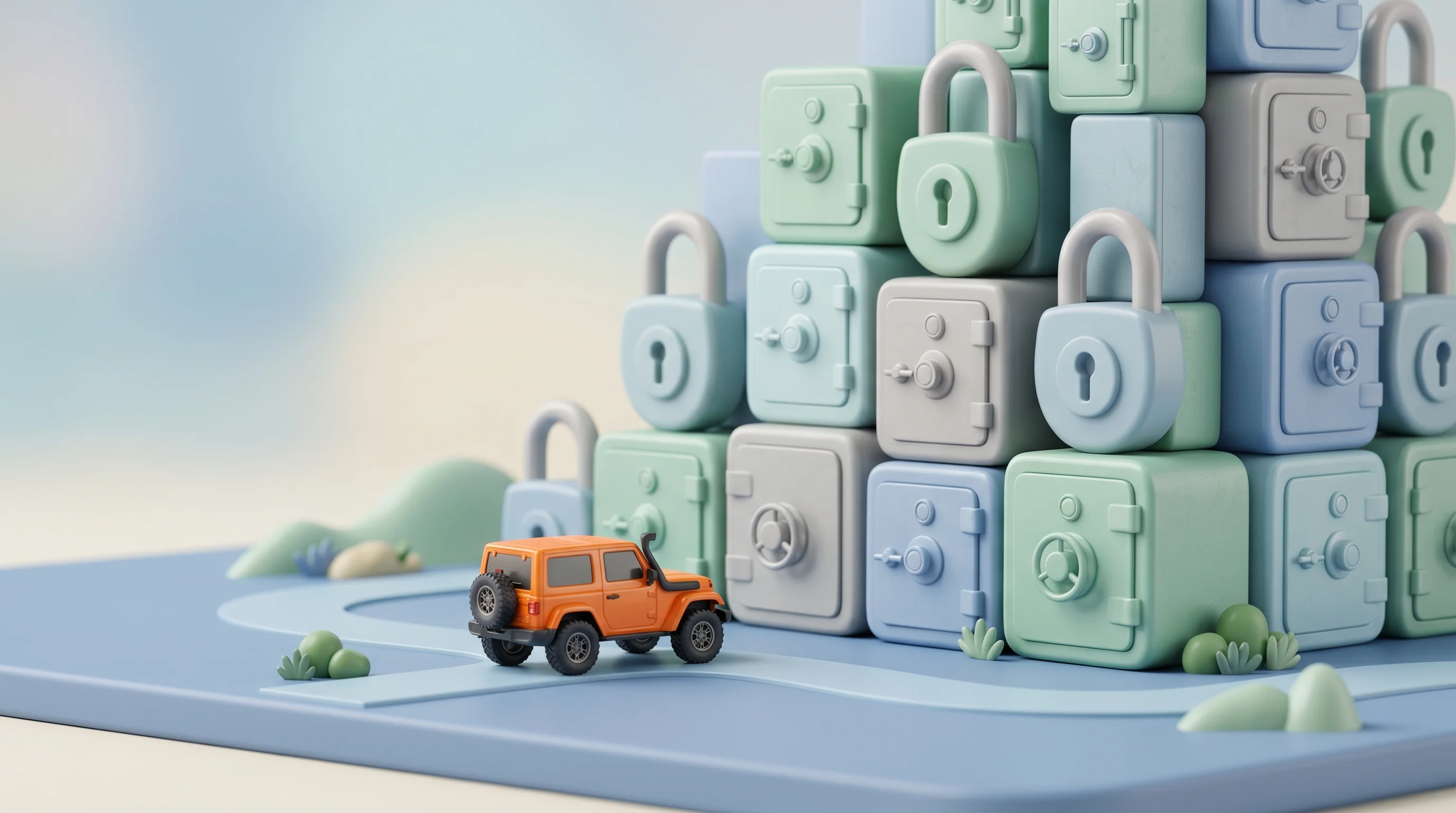 Digital illustration for article section "Entering a Crowded, Well-Funded Space" in "Offroad Raises $7M to Build AI Identity Security Team" - A conceptual miniature model scene representing a new challenger entering a crowded, well-funded ide...