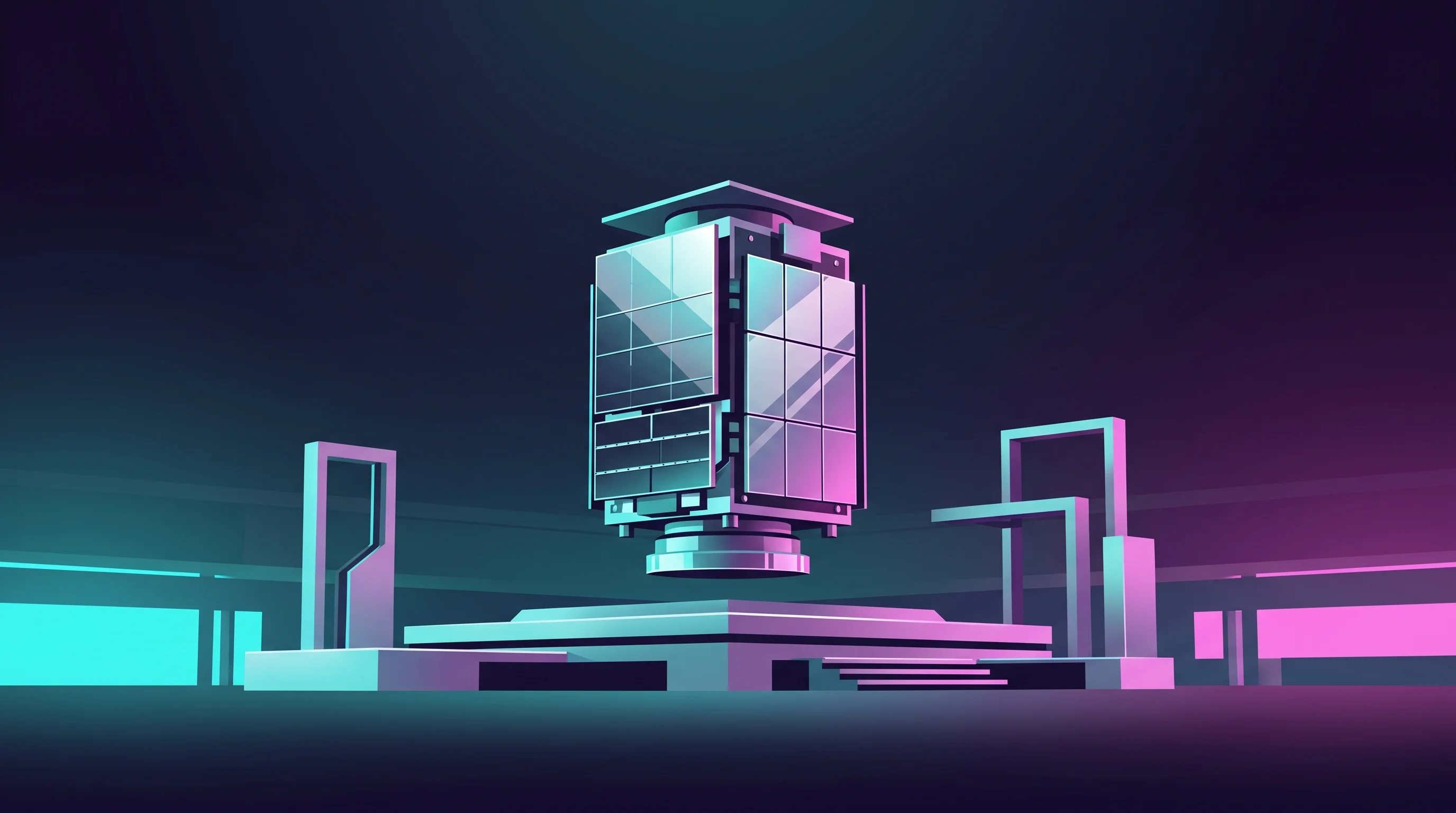 Digital illustration for article section "Building the Factory" in "NewOrbit Raises $18.5M Series A for 'Earth's Last Empty Orbit'" - A sleek, minimalist, and modern satellite manufacturing facility representing the NEO Production Com...