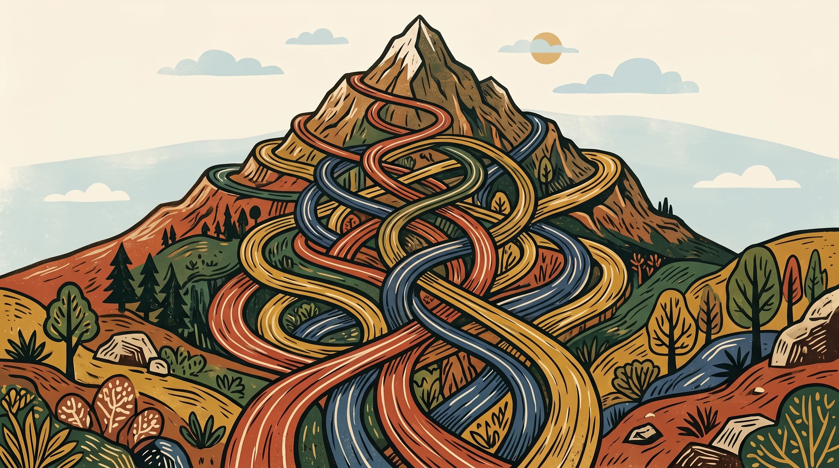 Digital illustration for article section "Crowded Territory" in "YC-Backed Imperfect Launches AI Coach That Adapts Training to Real Life" - A conceptual, abstract landscape illustrating a highly competitive and crowded territory, featuring ...