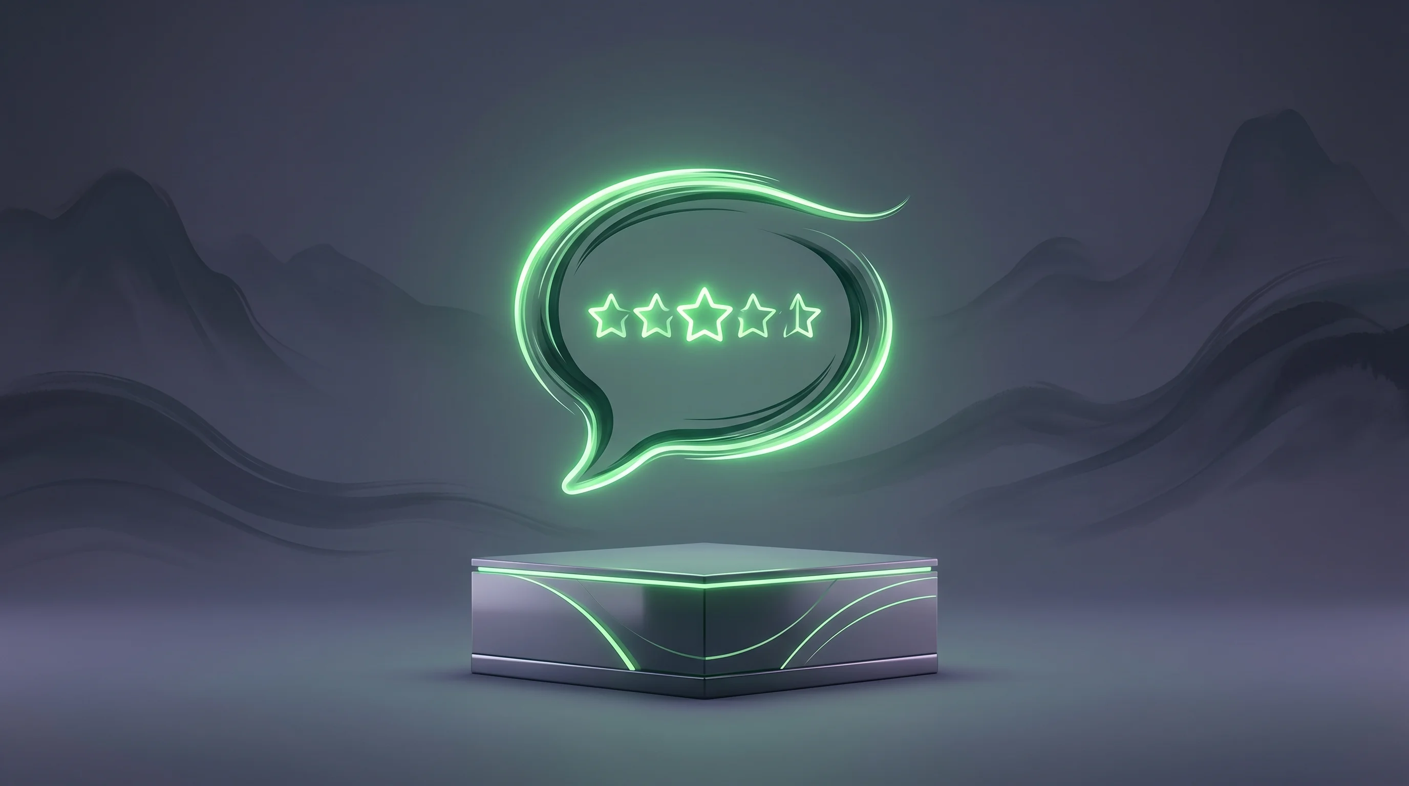 Digital illustration for article section "Real Customers, Real Complaints" in "Light Anchor's AI Agents Run Five Consumer Brands Autonomously" - A sleek, minimalist composition featuring a glowing, stylized speech bubble containing a star rating...