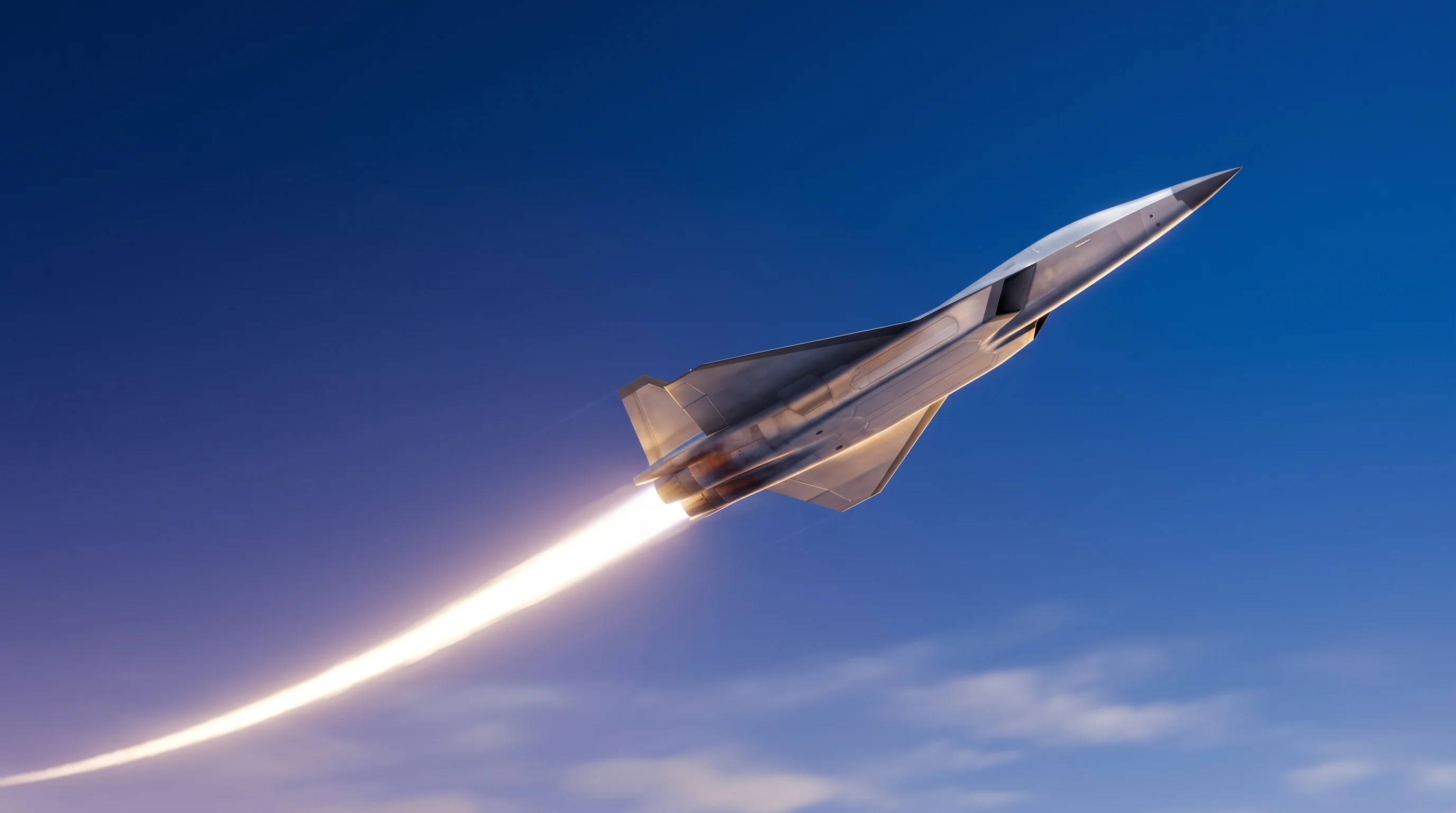 Digital illustration for article section "A Market on Steroids" in "Alta Ares Raises €50M to Scale AI-Powered Counter-Drone Defense" - A sleek, minimalist, futuristic unmanned hypersonic fighter jet soaring sharply upward at a steep an...