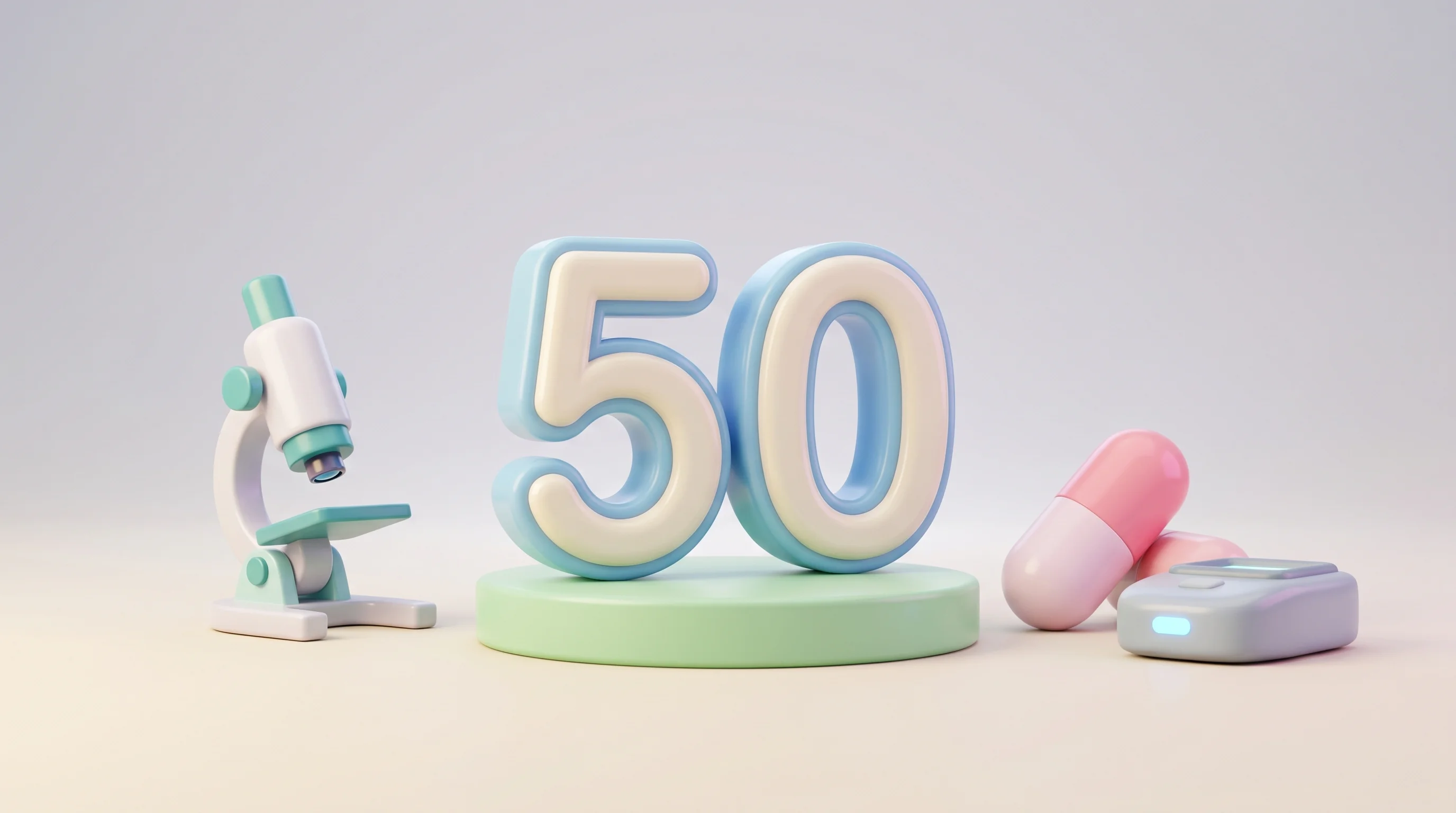 Digital illustration for article section "Fifty Customers, One Year In" in "Collate Raises $95M Series A for AI-Powered Life Sciences Automation" - A clean, minimalist 3D miniature model scene celebrating a one-year milestone and fifty customers in...