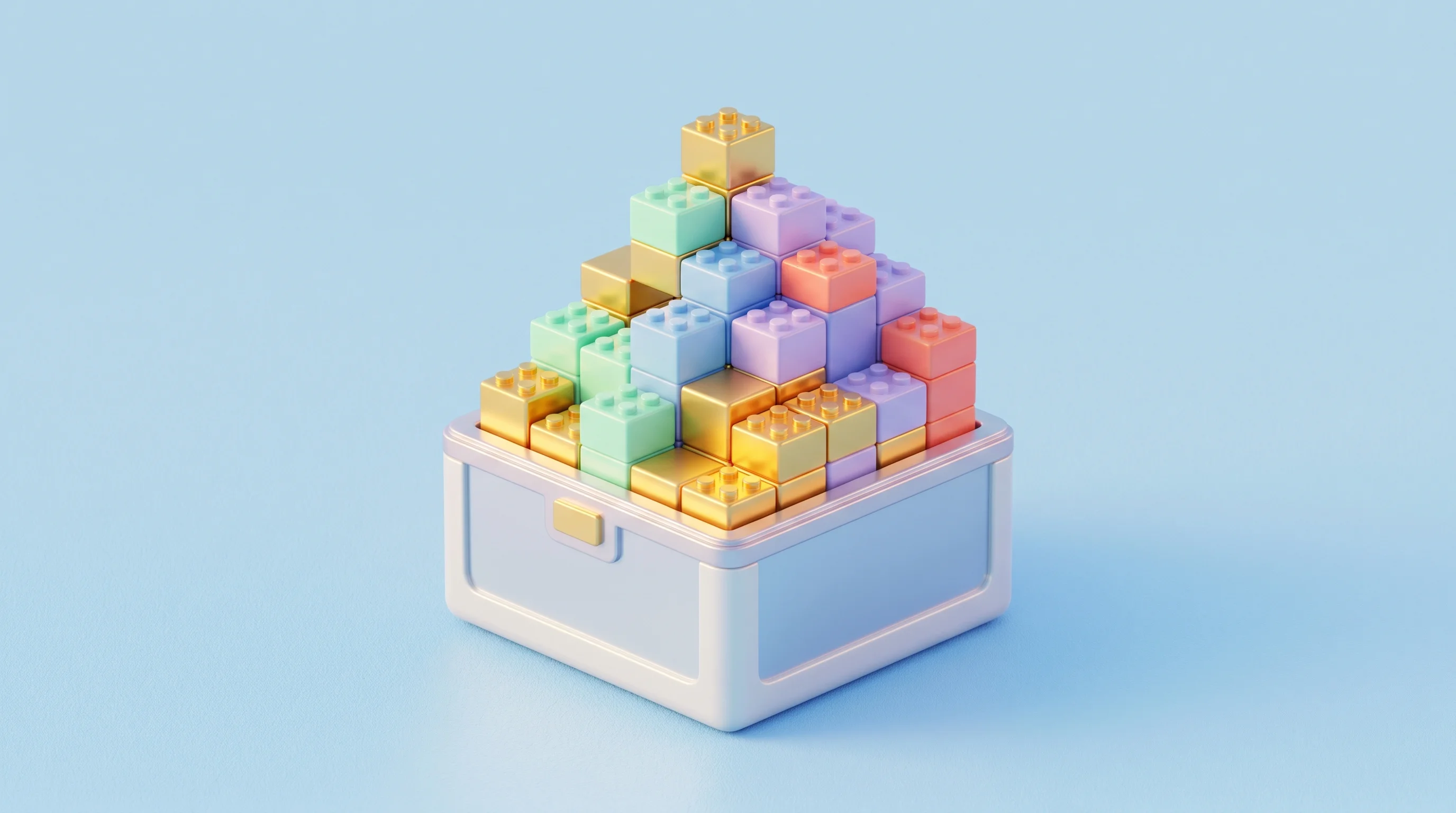 Digital illustration for article section "What a $95 Million War Chest Buys" in "Collate Raises $95M Series A for AI-Powered Life Sciences Automation" - A 3D cartoon miniature model of a sleek, modern war chest overflowing with glossy golden and pastel-...