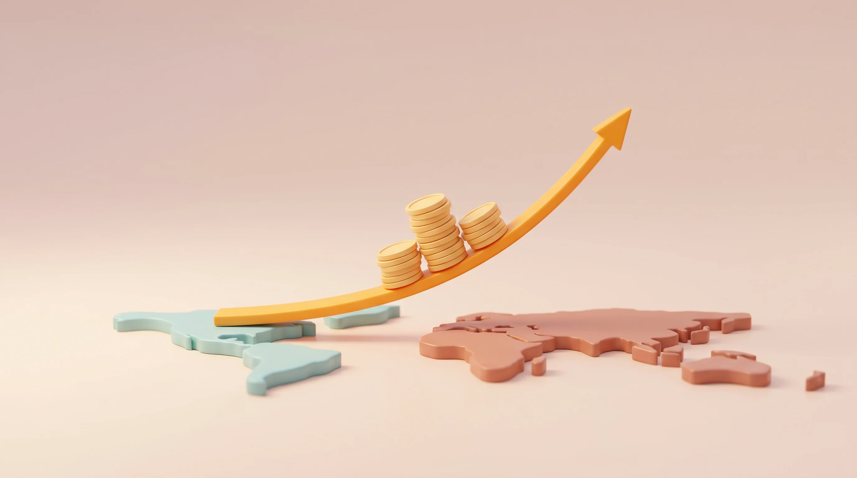 Digital illustration for article section "Blitz Scaling on Two Continents" in "Fonio.ai Lands $17M Seed at $140M Valuation Led by 20VC" - A conceptual, minimal 3D composition representing rapid financial scaling across two continents, fea...