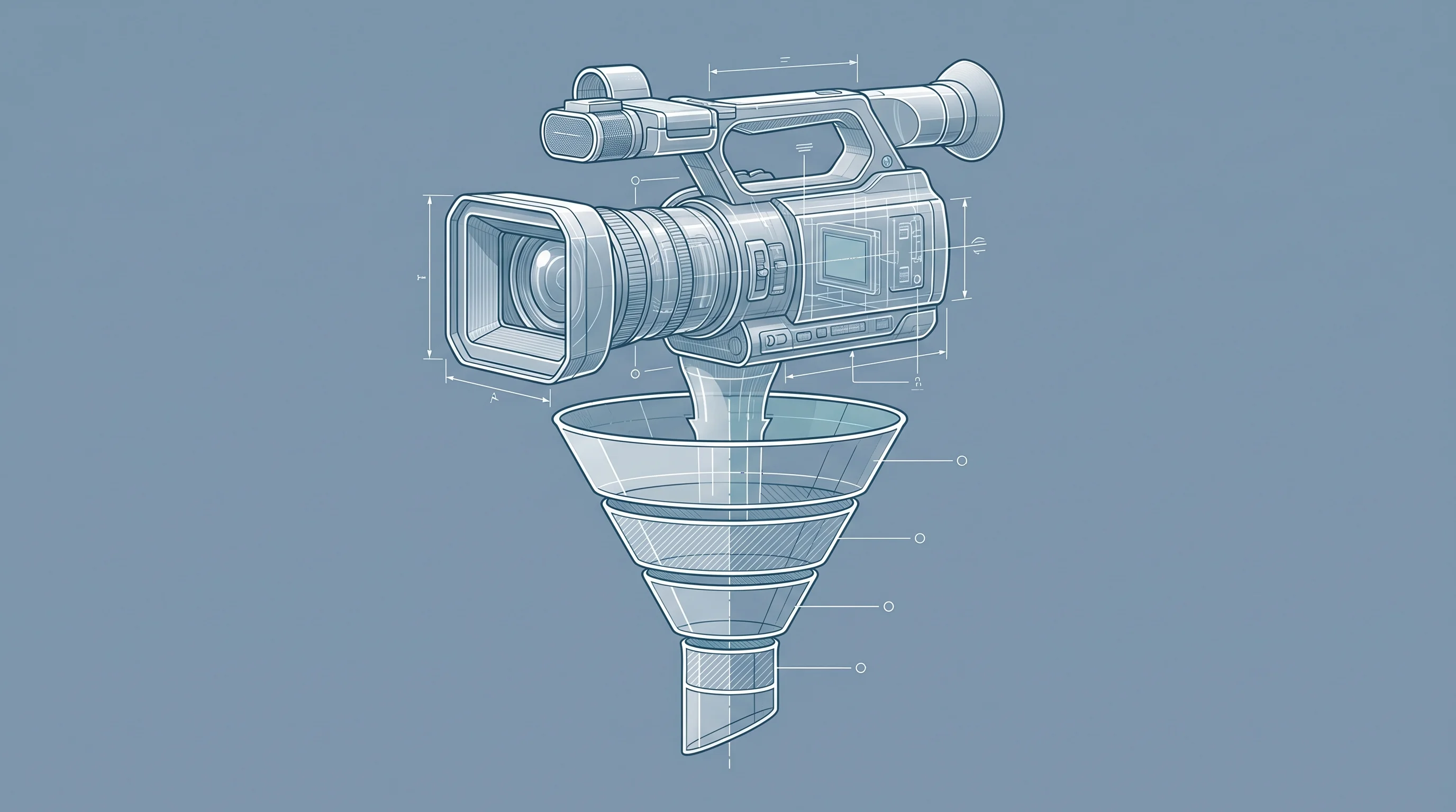 Digital illustration for article section "HubSpot's Thesis on Video-First Marketing" in "Capsule's $12M Bet on Enterprise Video: AI Editor Takes On Adobe" - A clean, minimalist composition centered on a sleek, modern video camera icon seamlessly merging wit...
