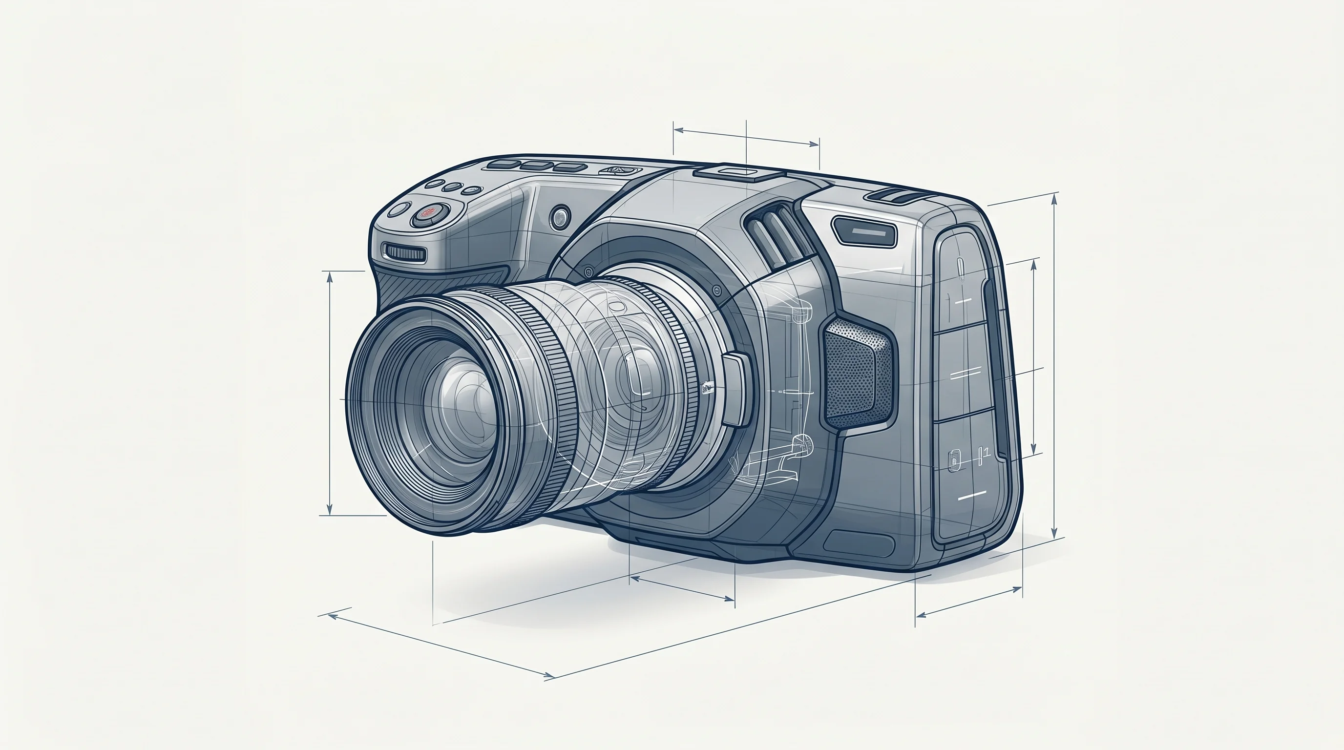 Digital illustration for article section "The Lane Between Consumer Toys and Hollywood Tools" in "Capsule's $12M Bet on Enterprise Video: AI Editor Takes On Adobe" - A sleek, modern cinema camera positioned centrally against a clean, uncluttered off-white drafting b...