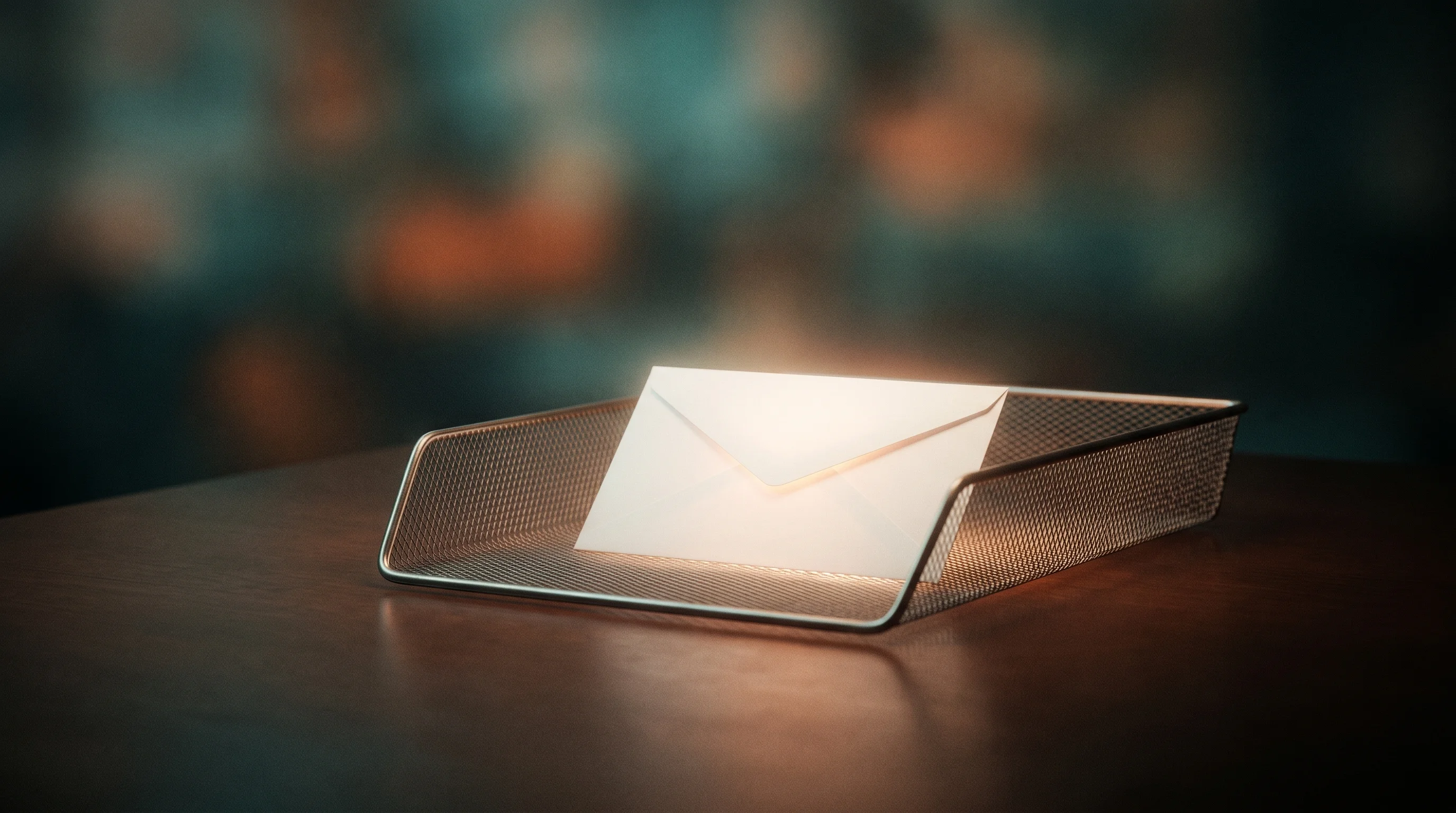 Digital illustration for article section "The Case for Anachronism" in "The Race to Build Communication Infrastructure for AI Agents" - A minimalist, conceptual composition featuring a classic, vintage metal inbox tray resting on a slee...