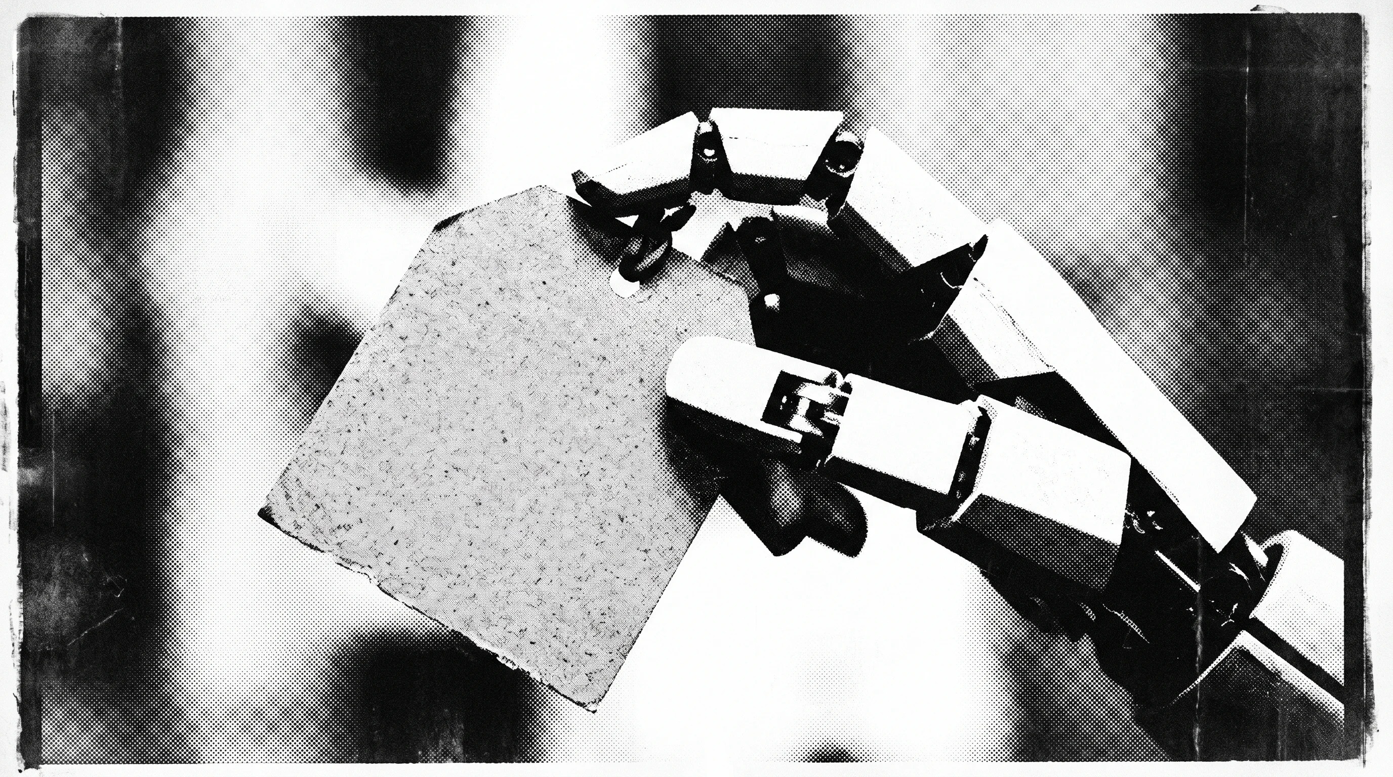 Digital illustration for article section "The Price War Nobody Asked For (But Everyone's Watching)" in "Astribot's $13K Humanoid Robot T1 Ships to Commercial Market" - A striking, conceptual close-up of a sleek, minimalist robotic hand firmly gripping a large, bold re...