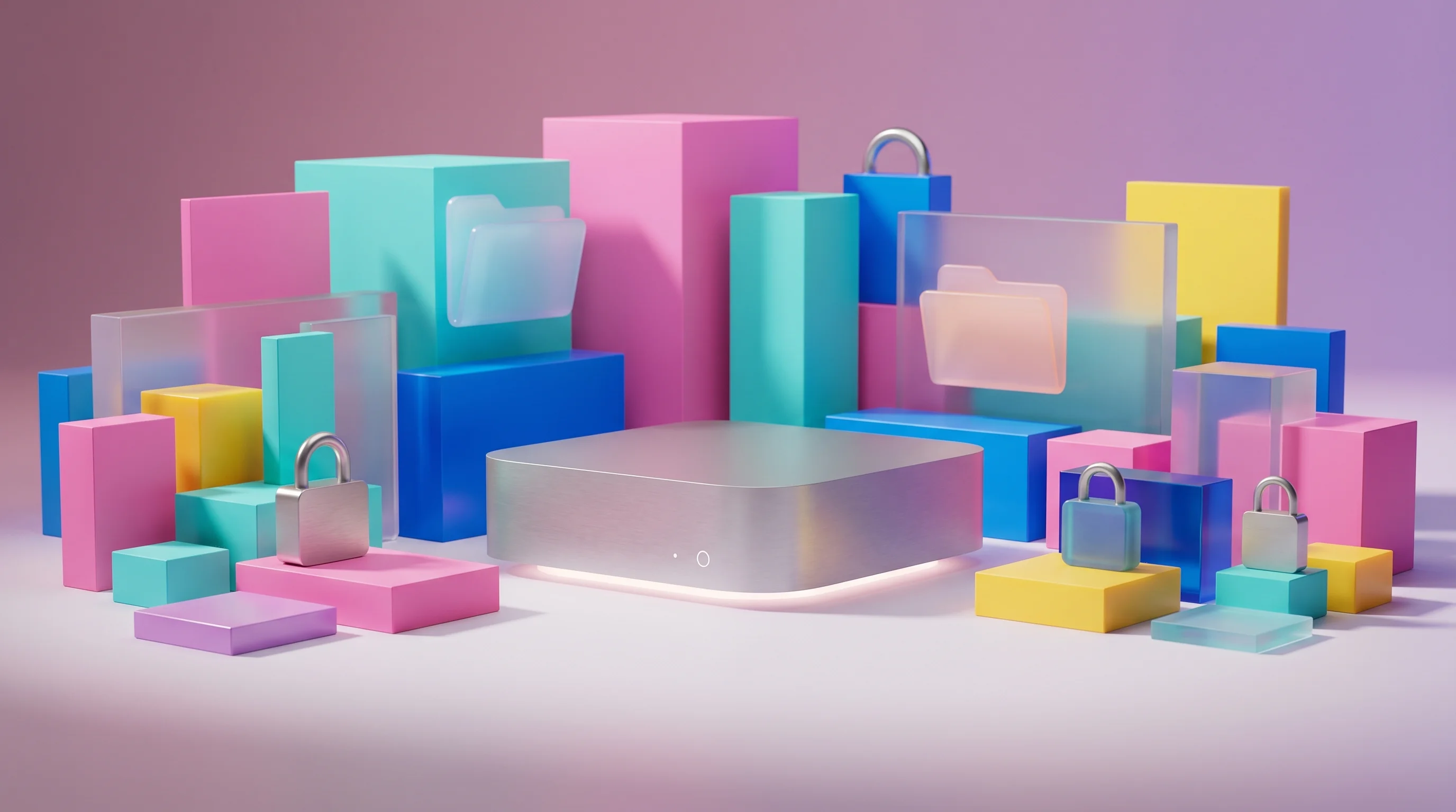 Digital illustration for article section "A Crowded Room" in "YC-Backed Jo Launches Privacy-First AI Assistant for Mac Users" - A conceptual, modern still life representing a crowded privacy-focused AI assistant market, featurin...