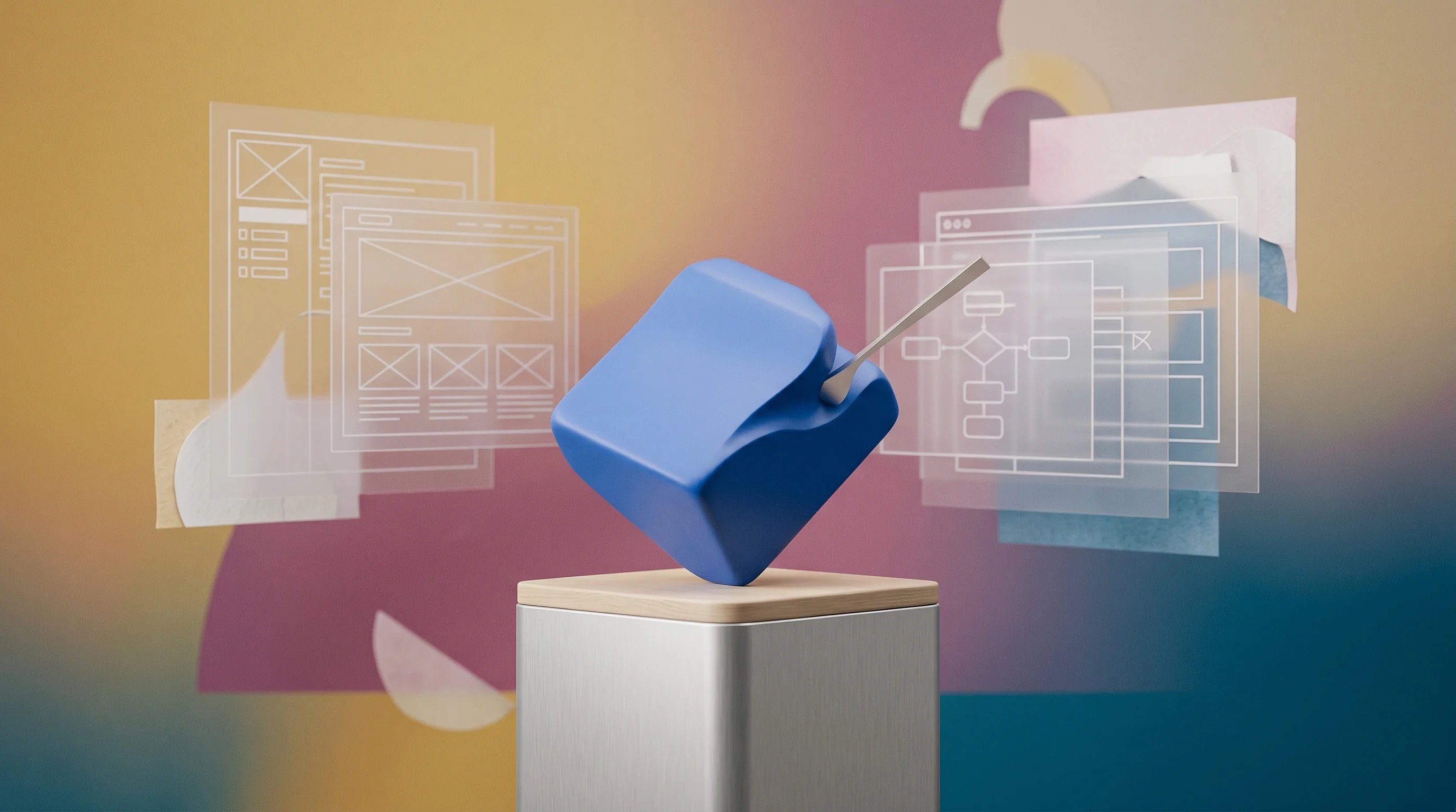 Digital illustration for article section "A Personal Experiment" in "Lathe Flips AI Script: LLM Tool Teaches Code Instead of Writing It" - A conceptual, minimalist still-life representing a personal open-source software experiment, featuri...