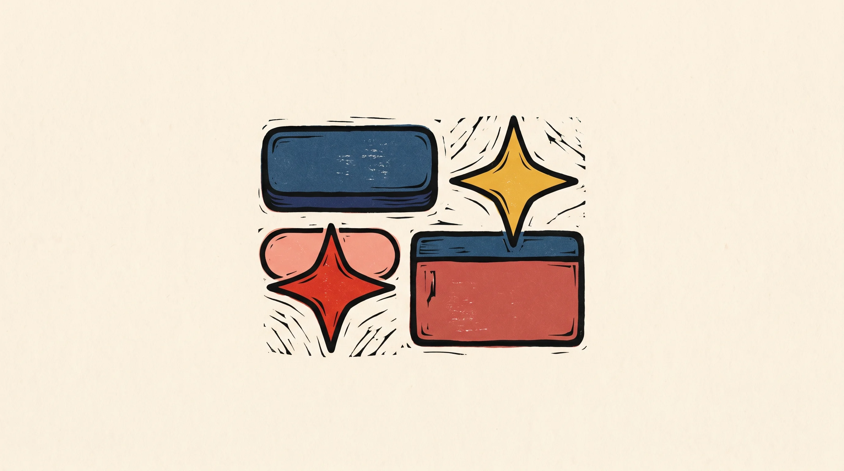 Digital illustration for article section "What You Actually Get" in "New React Library Satirizes—and Packages—AI Landing Page Clichés" - A minimalist and conceptual representation of a digital component library, featuring a clean, struct...