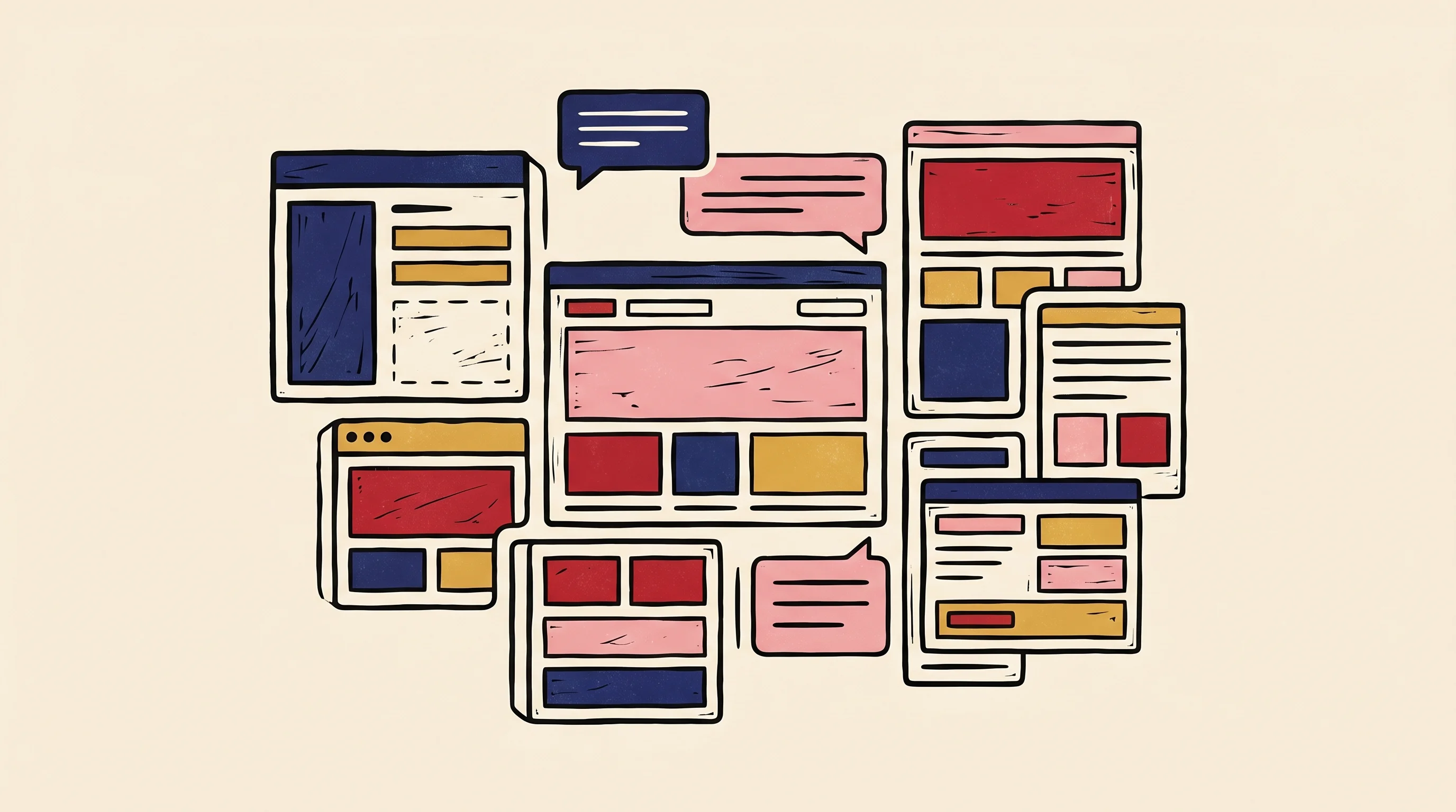 Digital illustration for article section "The Adjacent Ecosystem" in "New React Library Satirizes—and Packages—AI Landing Page Clichés" - A minimalist and conceptual representation of a digital interface ecosystem, featuring floating, mod...