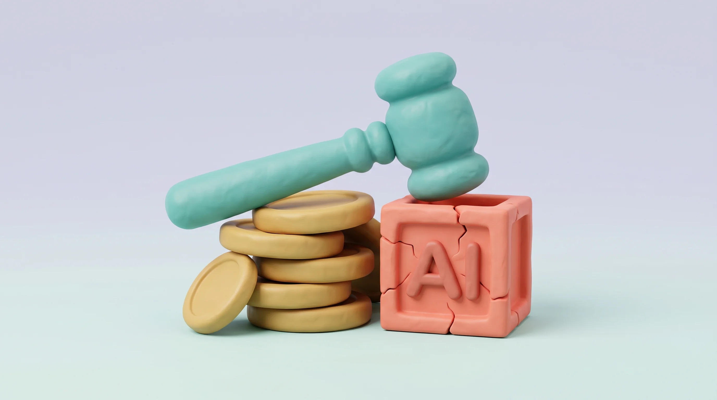 Digital illustration for article section "Content Section 4" in "The Race to Build Fully Autonomous AI Hedge Funds" - A minimalist, conceptual 3D clay-style illustration of a soft, rounded judge's gavel resting heavily...
