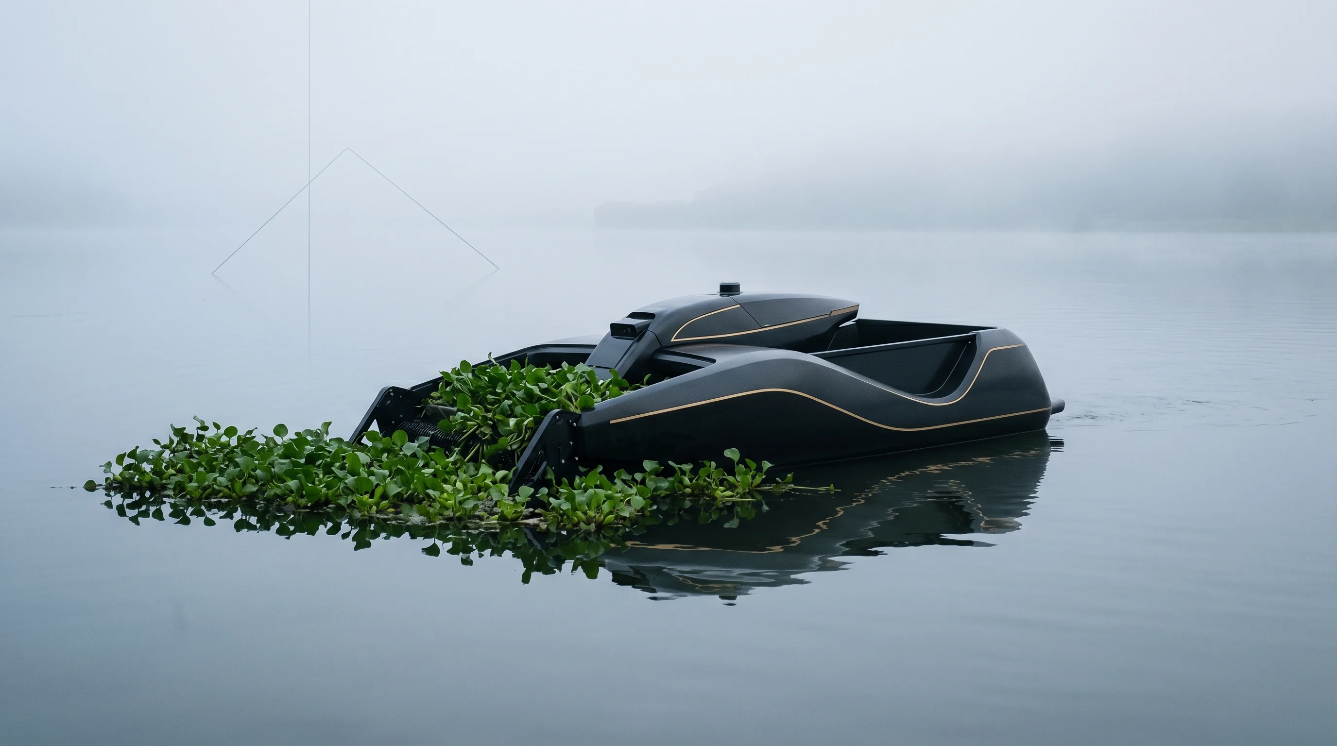 Digital illustration for article section "The hardware" in "Clear Robotics Raises $1.75M to Scale Ocean Cleanup Fleet" - A sleek, modern, four-meter autonomous marine robot designed for aquatic weed removal floating grace...