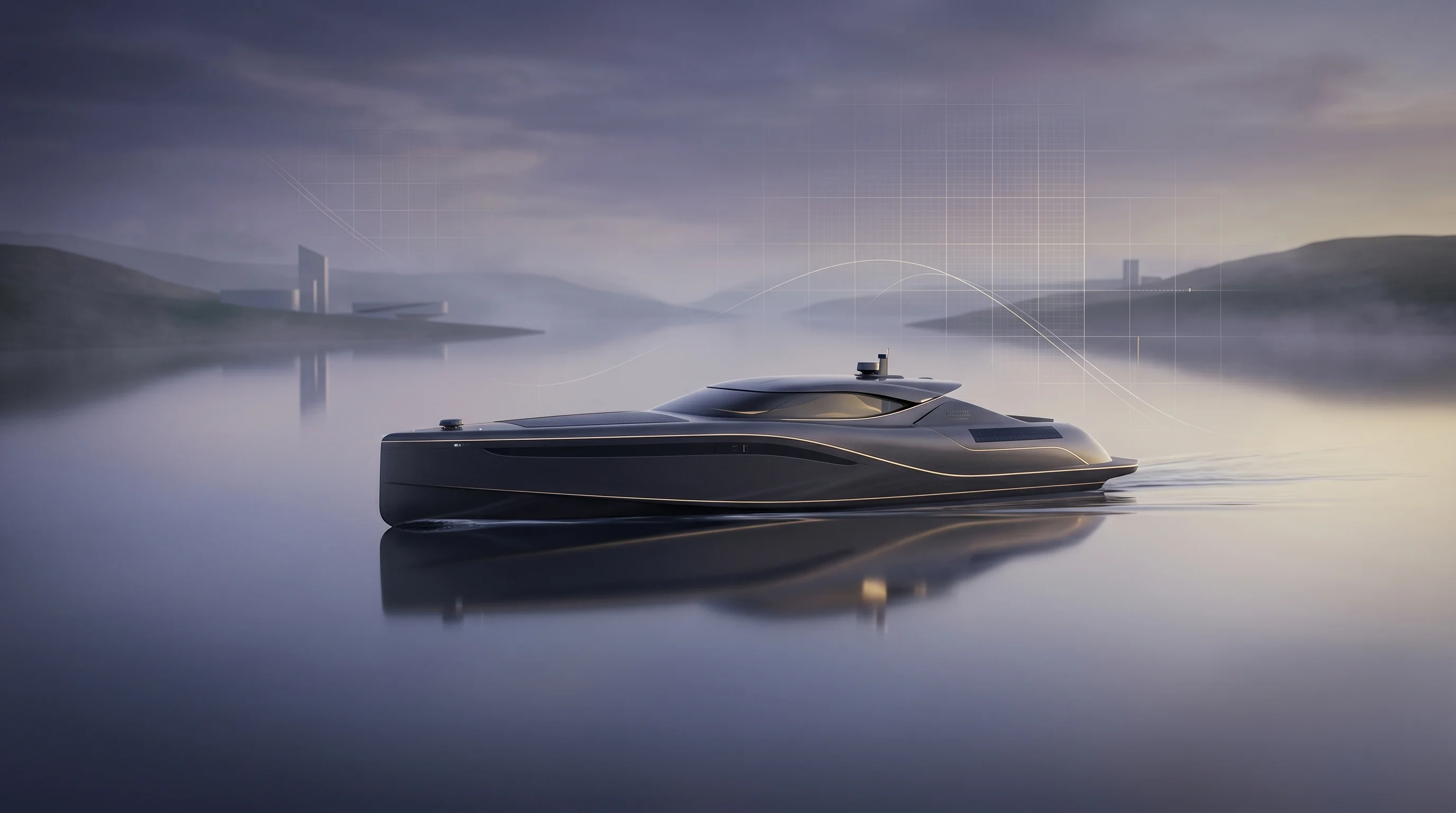 Digital illustration for article section "What comes next" in "Clear Robotics Raises $1.75M to Scale Ocean Cleanup Fleet" - A sleek, futuristic autonomous vessel gently navigating a serene waterway, symbolizing the sustainab...