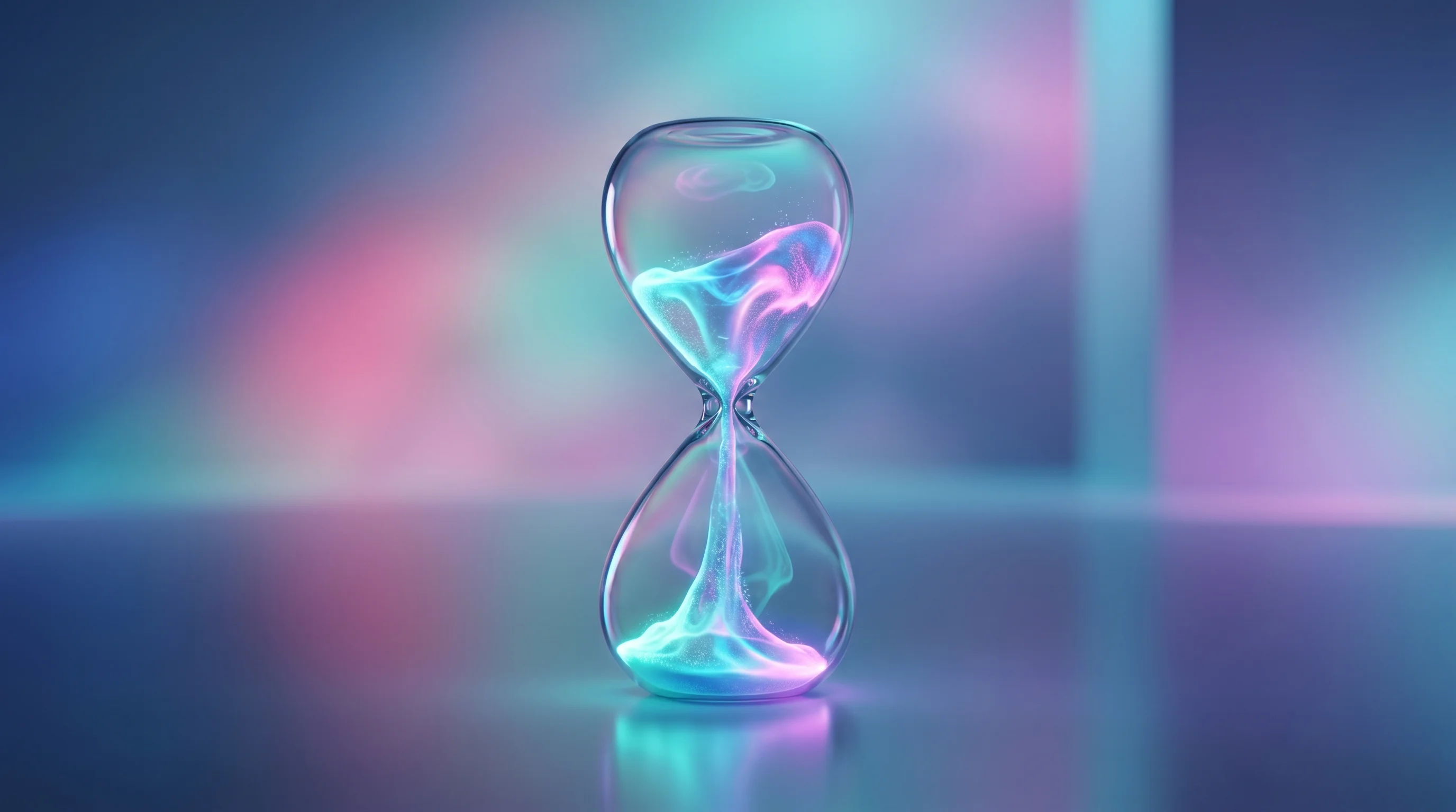 Digital illustration for article section "The Clock, Ticking" in "Rejuvenate Bio Lands $6M, Merck Partnership for Aging Gene Therapy" - A sleek, minimalist glass hourglass resting on a smooth, reflective surface in an uncluttered, dream...