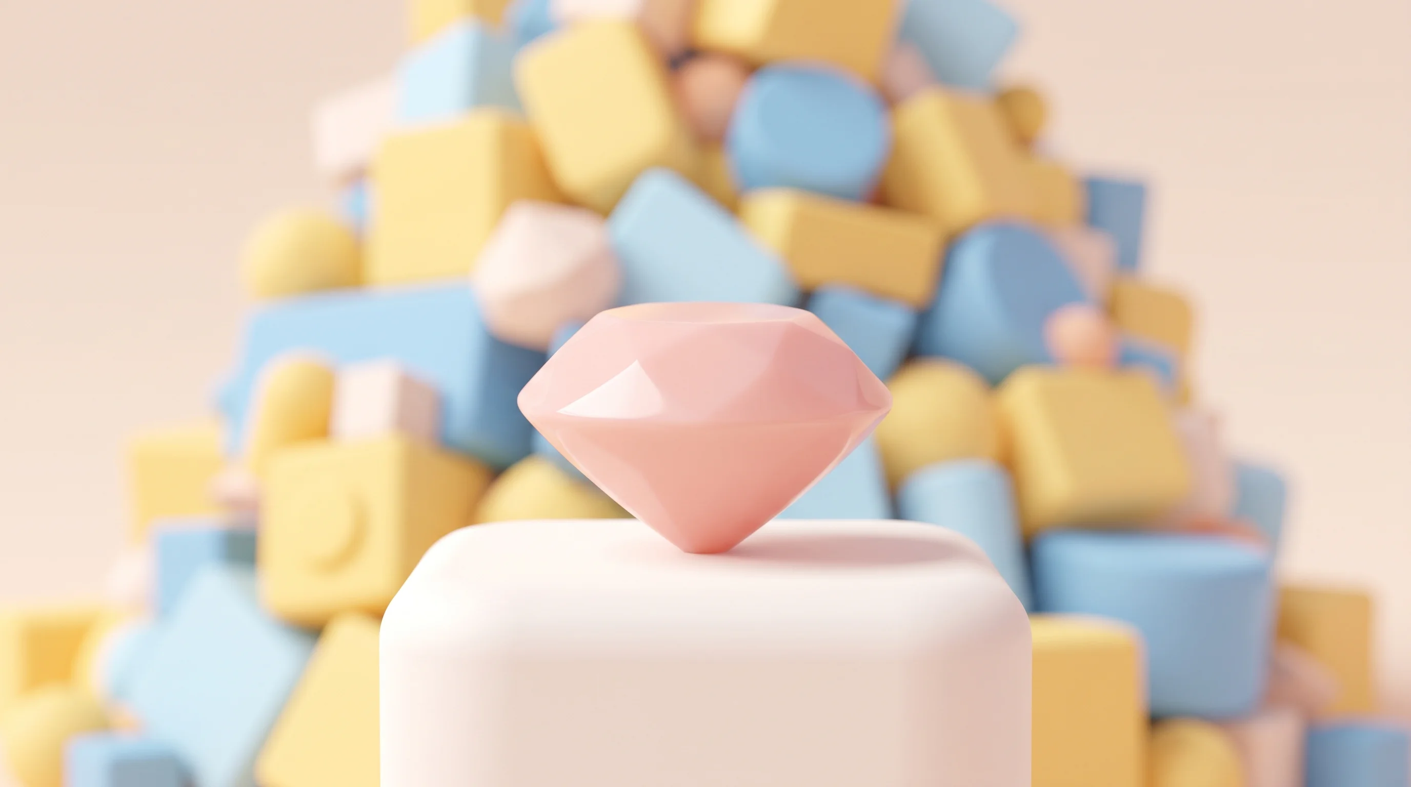 Digital illustration for article section "The Bigger Picture" in "BeatpulseLabs Raises $1.8M to Build Custom AI Training Datasets" - A single, perfectly polished, oversized pastel gemstone resting on a clean, soft white display pedes...
