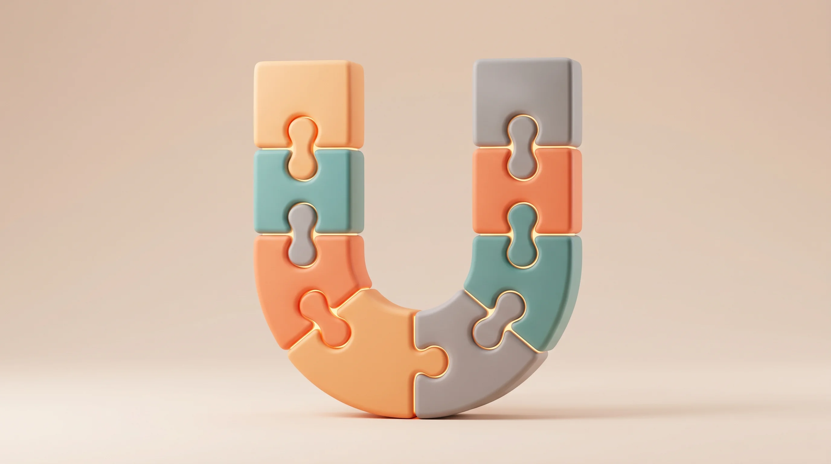 Digital illustration for article section "Assembling the Chain" in "Vulcan Elements Lands $1.4B to Build America's Rare Earth Magnet Hub" - A minimalist and conceptual 3D composition featuring oversized, interlocking jigsaw puzzle pieces se...