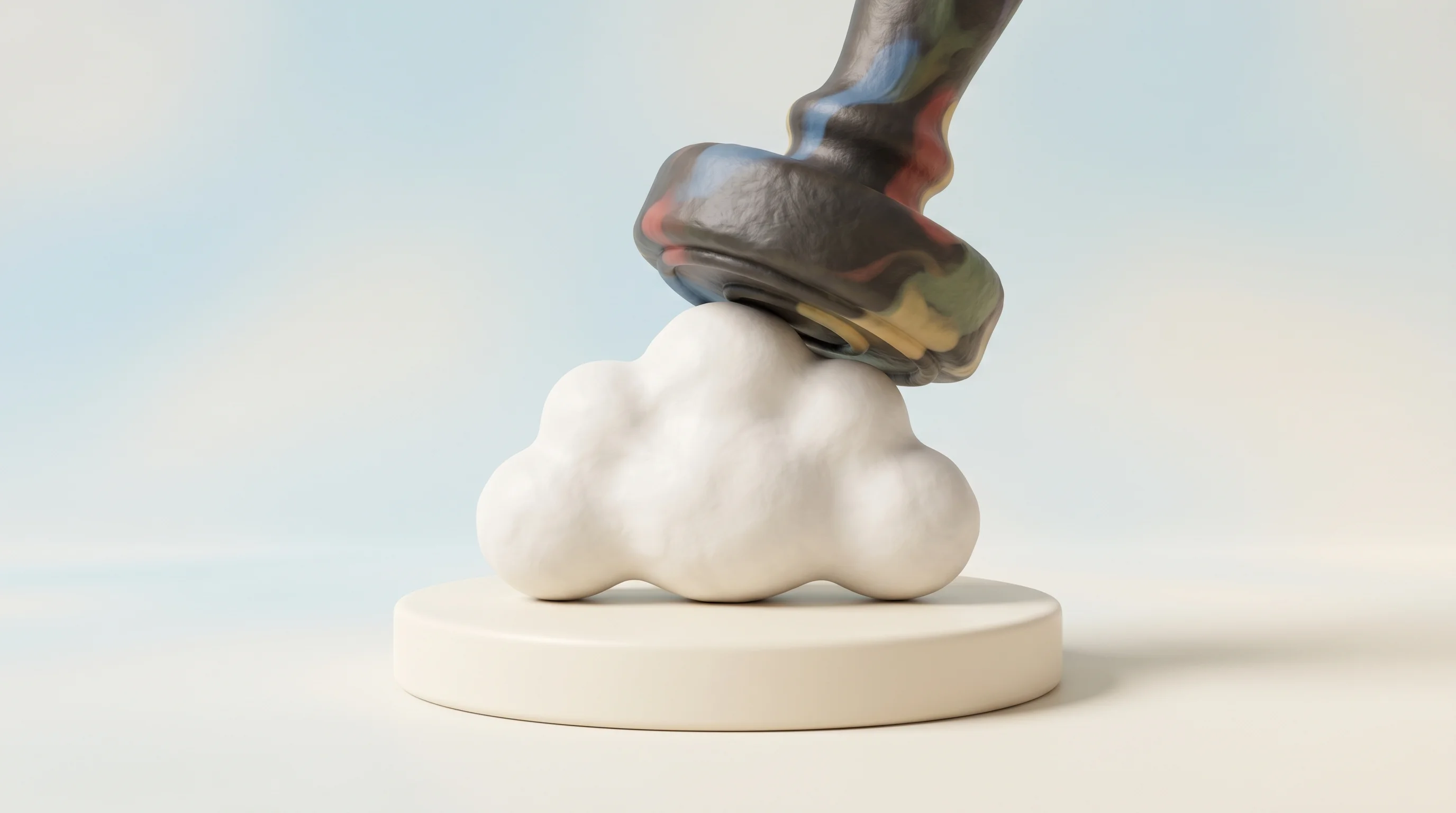 Digital illustration for article section "The Google Stamp of Approval" in "Stockholm's Lovable Hits $500M Revenue Run-Rate 18 Months After Launch" - A conceptual, minimalist 3D miniature diorama representing a major cloud computing partnership, feat...