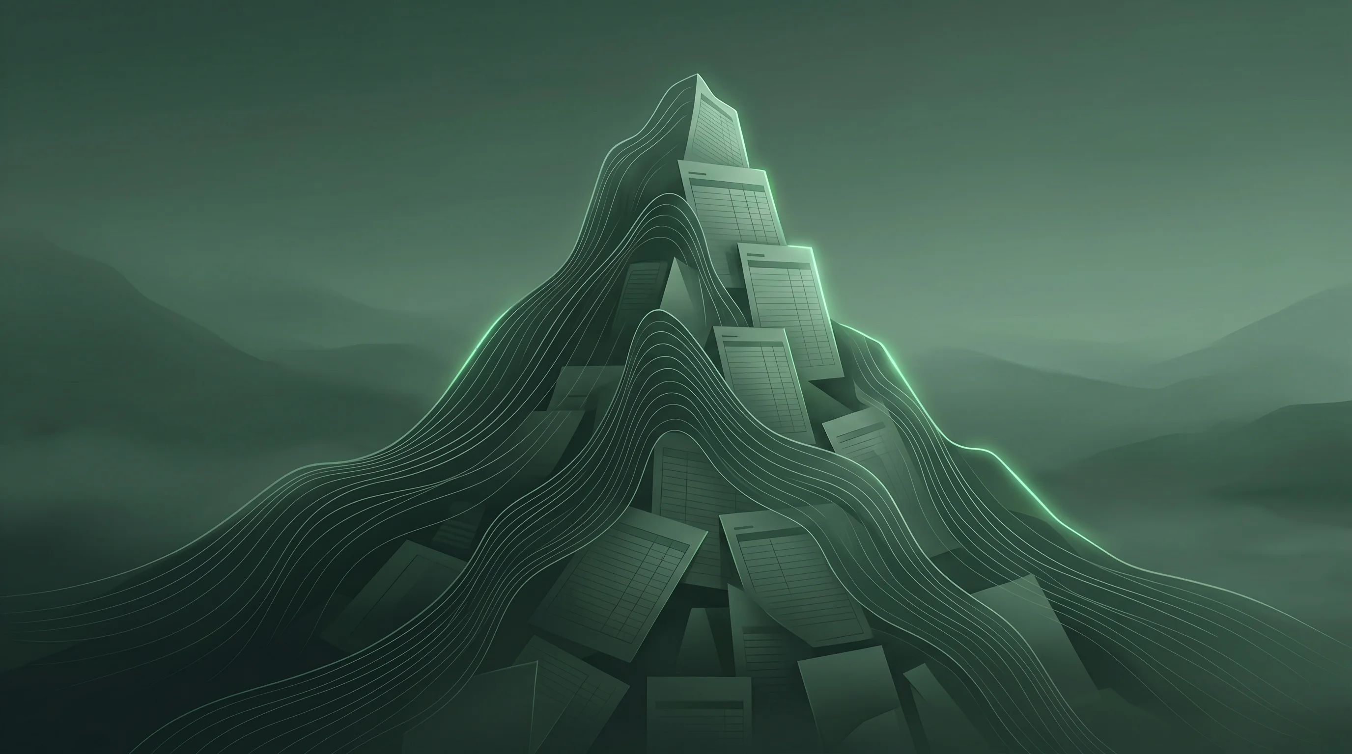 Digital illustration for article section "A problem that won't quit growing" in "InfoHawk Raises $2.25M to Fight AI-Driven Fraud with Real-Time API" - A towering, abstract mountain peak representing an endlessly growing global financial crisis, subtly...
