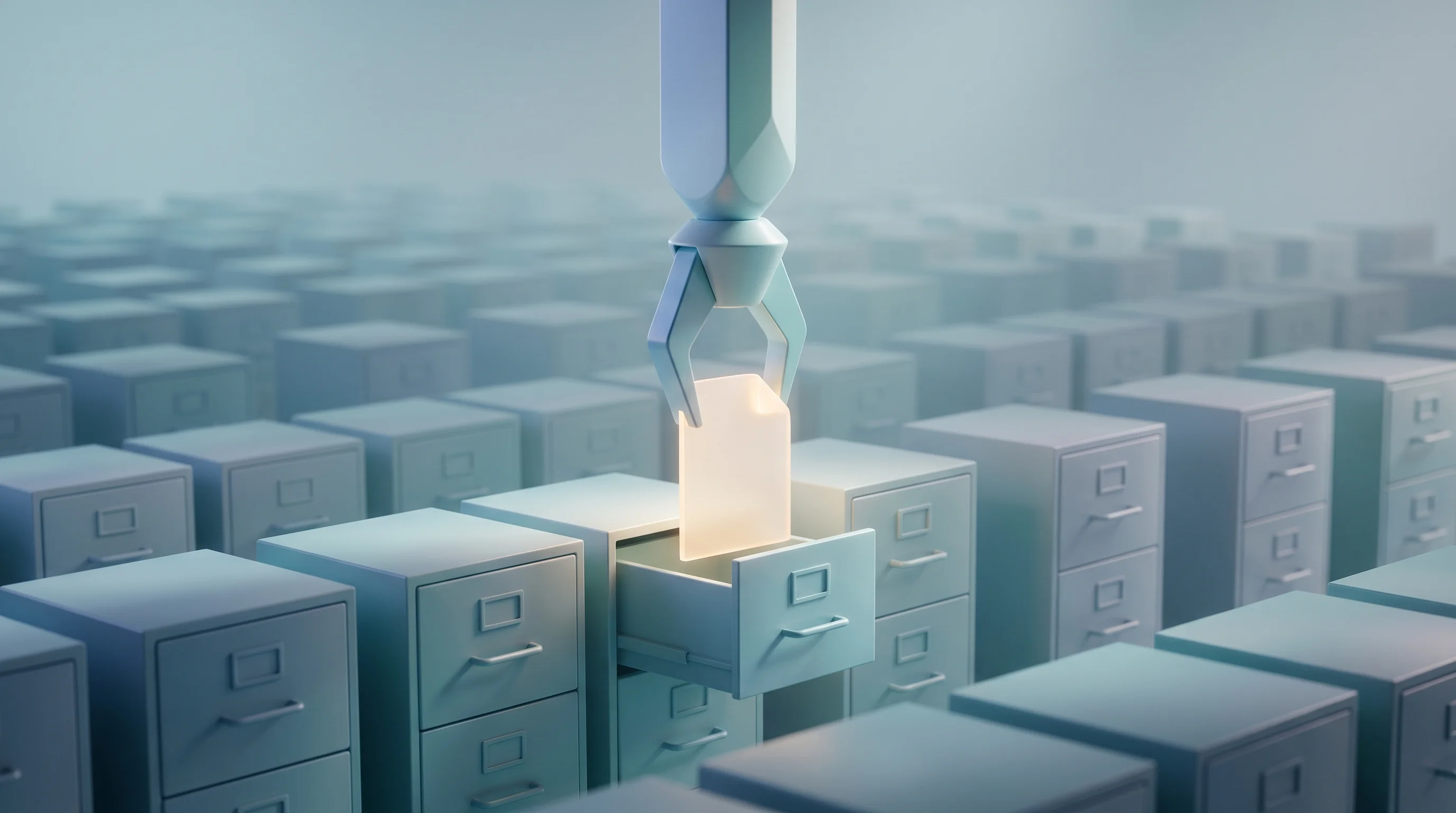 Digital illustration for article section "Finding Customers in Unglamorous Places" in "YC's Intuned Launches AI-Powered Browser Automation for Developers" - A minimalist, futuristic 3D rendering of a sleek, abstract geometric extractor tool gently lifting a...