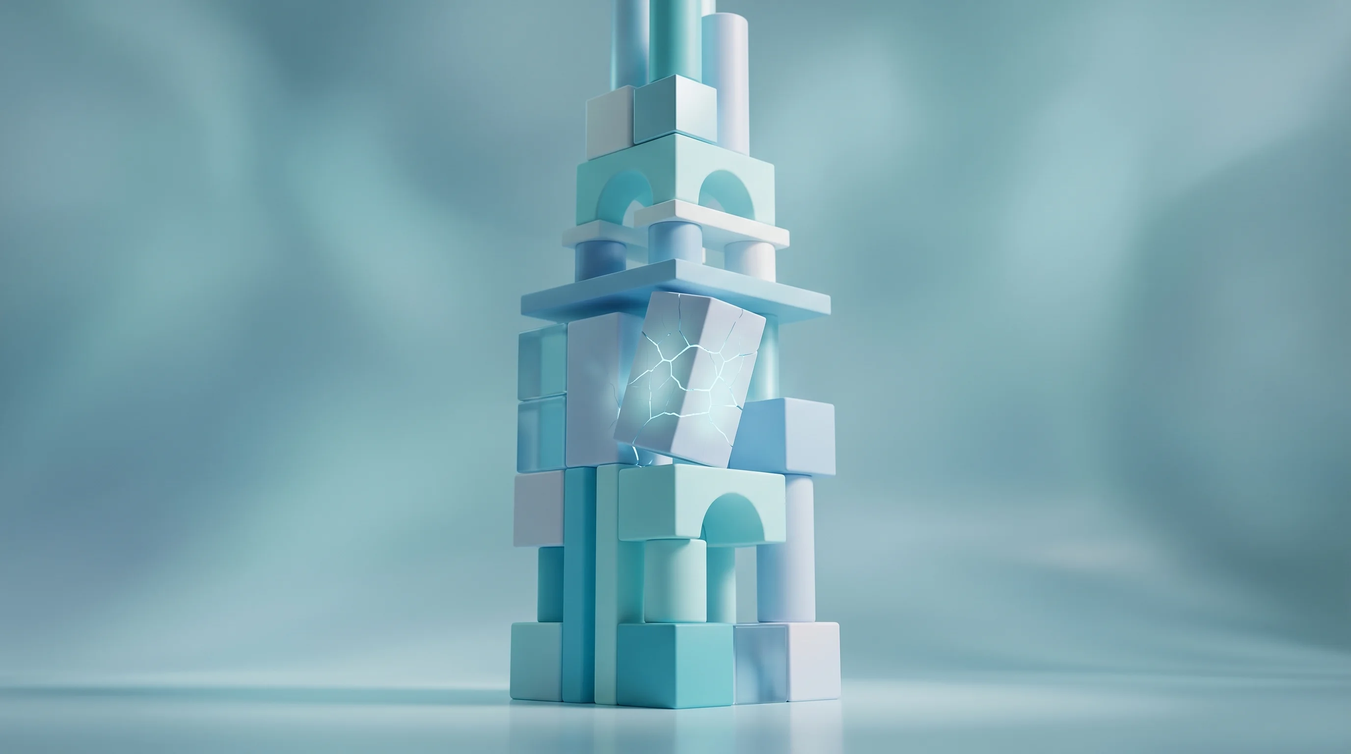 Digital illustration for article section "The Brittleness Problem" in "YC's Intuned Launches AI-Powered Browser Automation for Developers" - A minimalist futuristic 3D rendering of a highly fragile, precarious tower of clean geometric forms,...