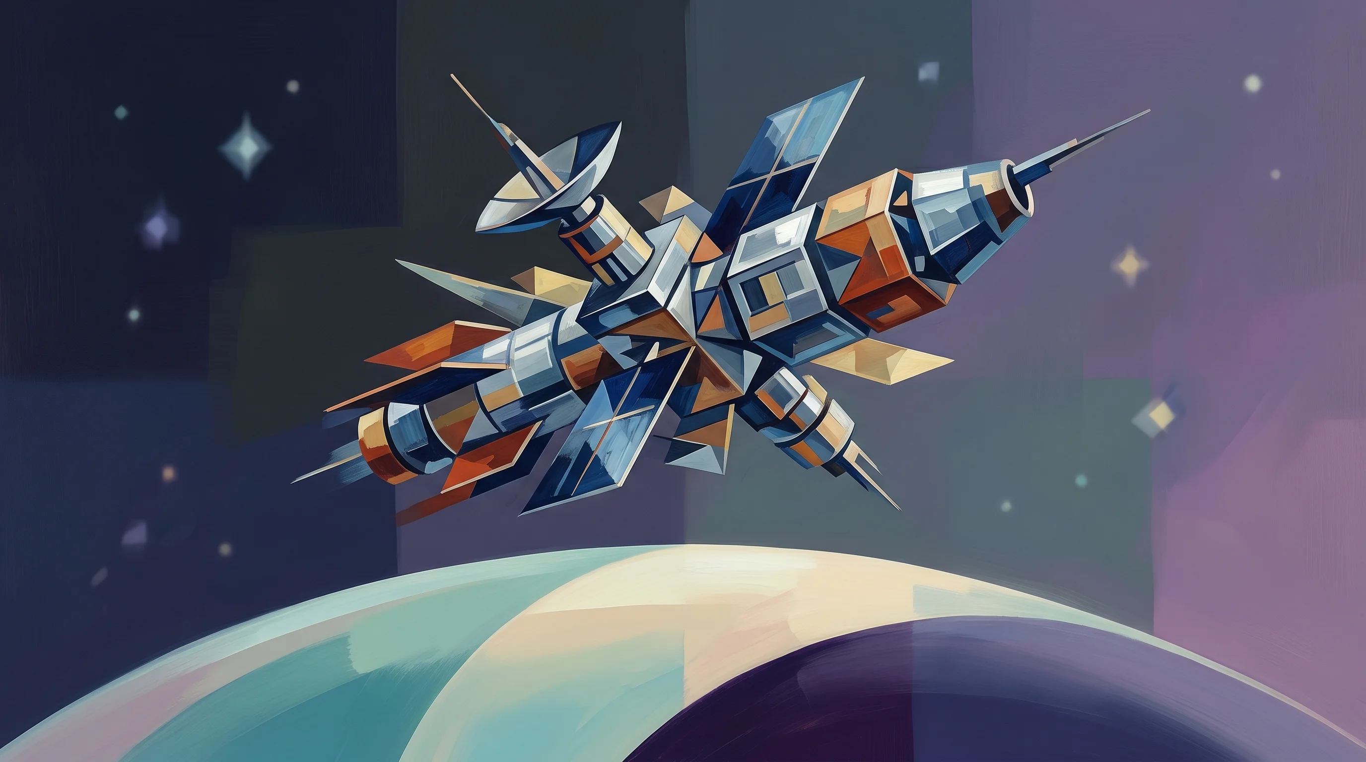 Digital illustration for article section "A Crowded Orbit" in "Orbital Raises $5M to Build AI Data Centers in Space" - A sleek, conceptual orbital data center floating majestically above the gentle, minimalist curve of ...