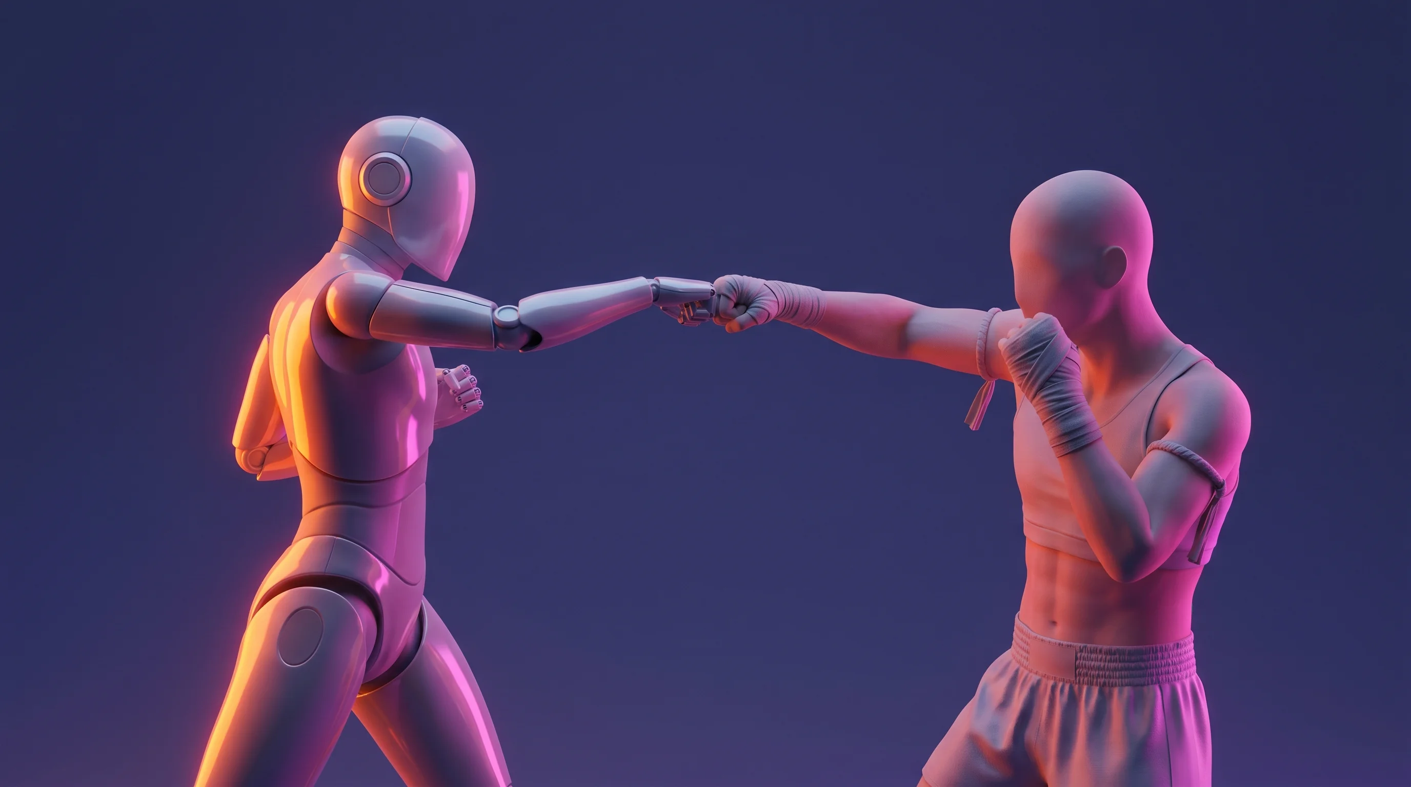 Digital illustration for article section "Spectacle, Safety, and a Muay Thai Champion" in "EngineAI's Robot Combat League Hits Qualifier Deadline Today" - A minimalist, conceptual 3D motion graphics rendering of a dynamic sparring match between a sleek, a...