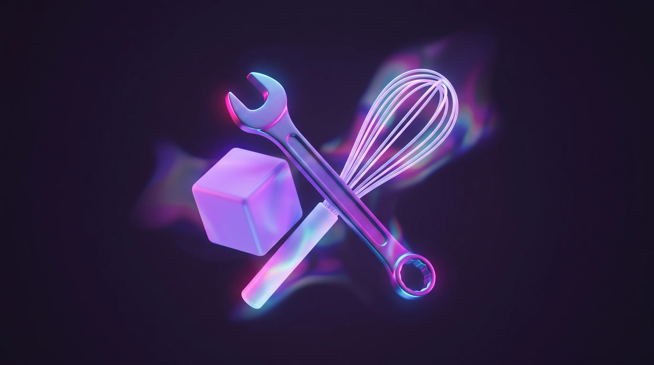 Digital illustration for article section "What Comes Next" in "This AI Startup Will Clean Your Home Free—If You Let It Film Everything" - A conceptual, minimalist still-life composition featuring a sleek, modern metallic wrench gently int...