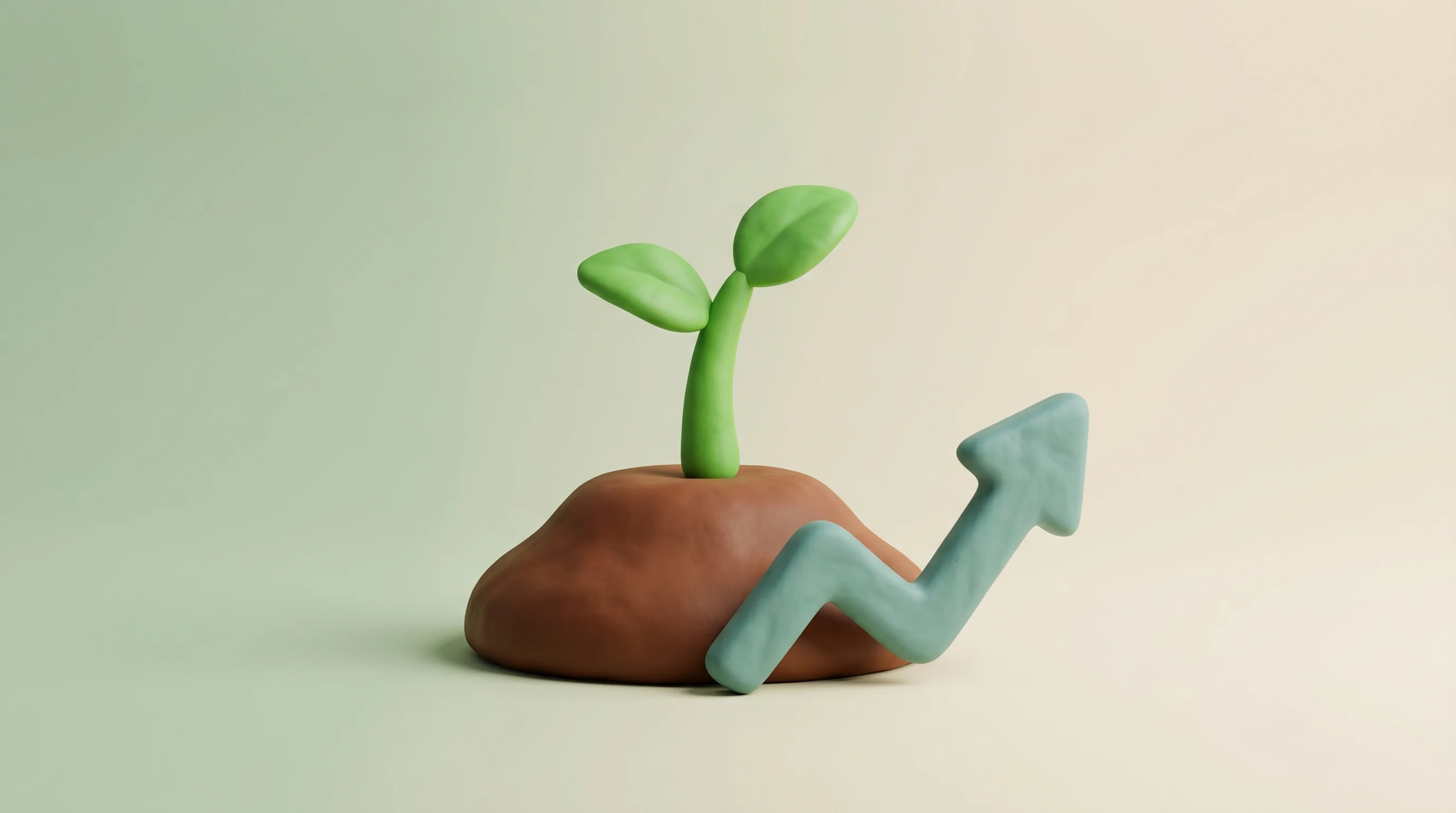 Digital illustration for article section "Why Agrifood?" in "SWARM Raises $10M Series A for AI-Powered Operations Intelligence" - A single, vibrant green seedling sprouting from a stylized, rounded mound of rich brown earth, posit...