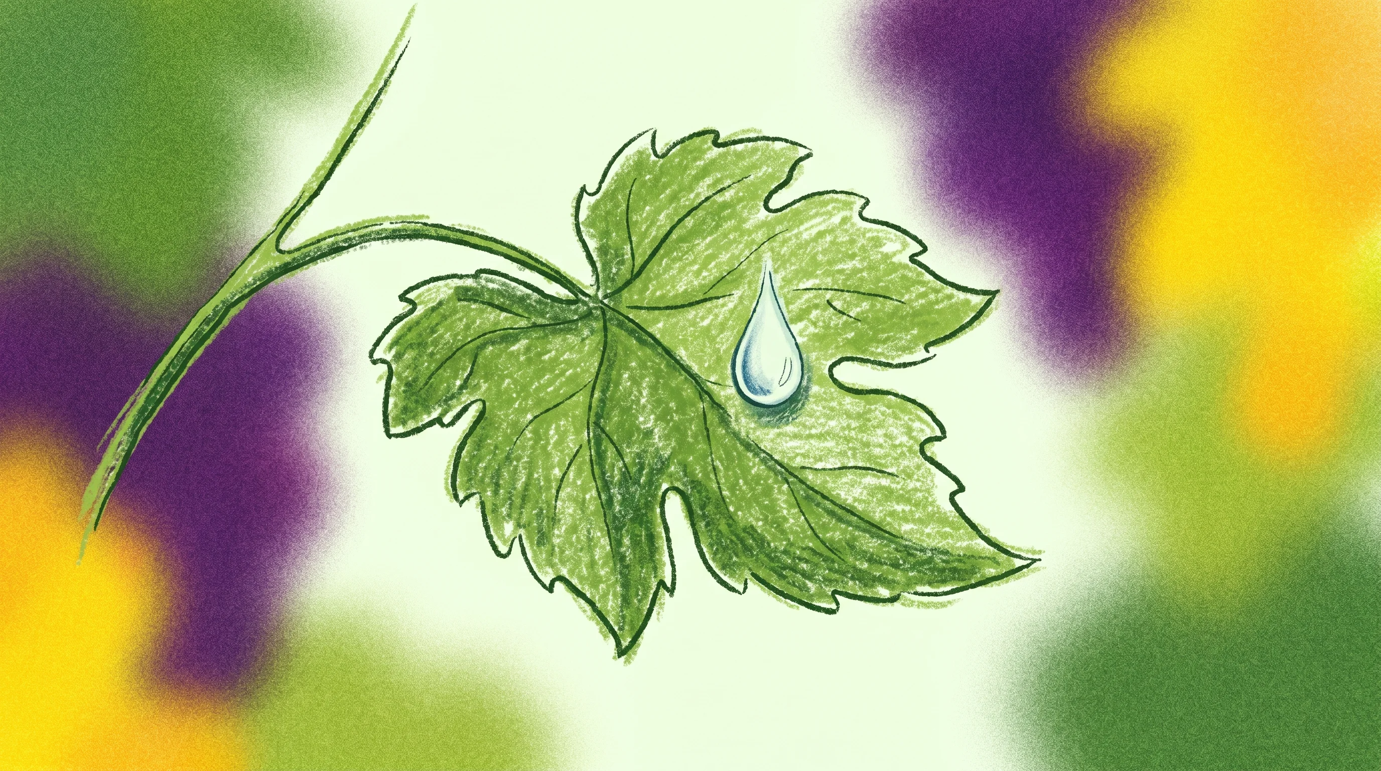 Digital illustration for article section "Growth Capital, Growing Pressures" in "Cordon Technologies Raises £1M to Cut Vineyard Pesticide Use with AI" - A clean, minimalist conceptual illustration of a single, elegantly curved grapevine leaf with a perf...