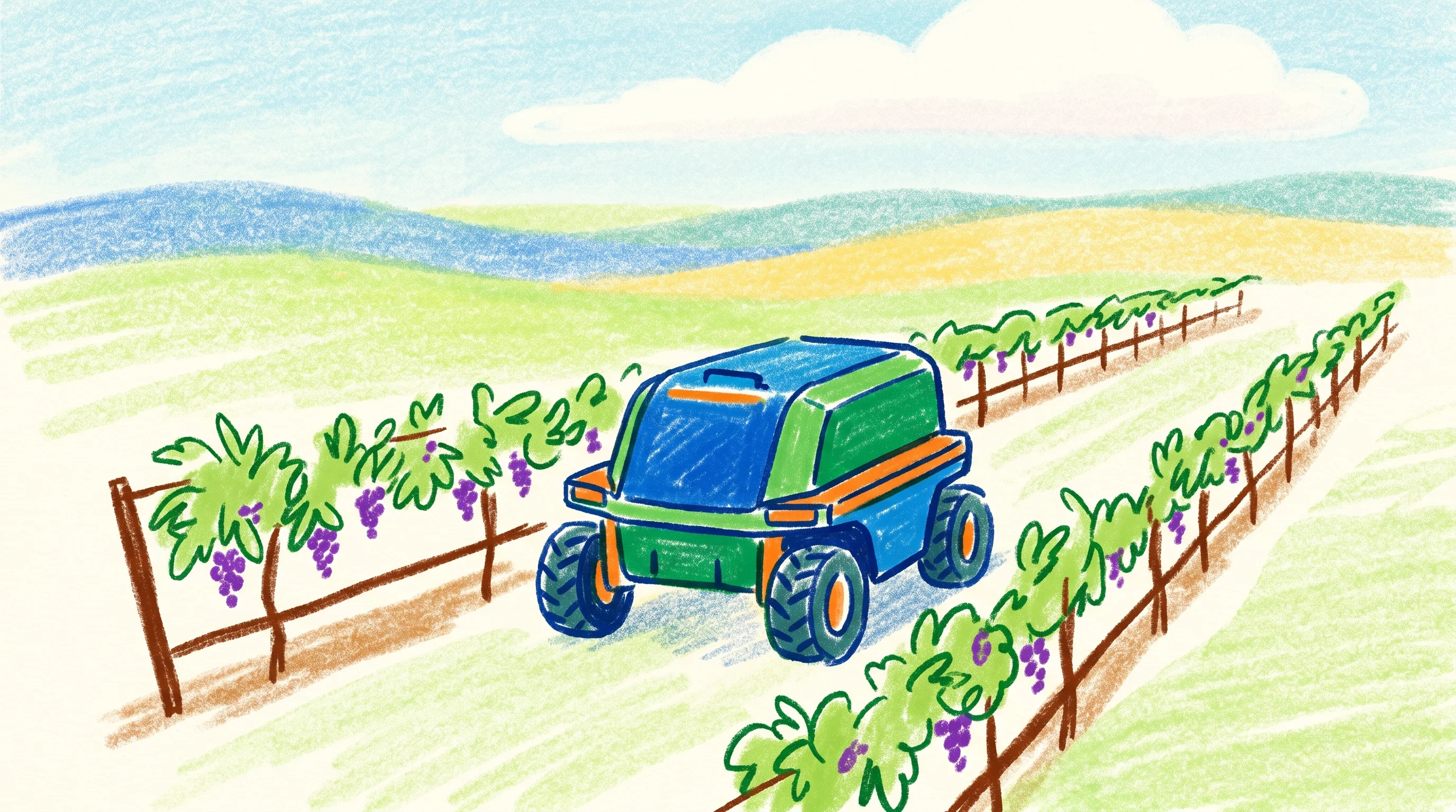 Digital illustration for article section "A Crowded Field, a Different Bet" in "Cordon Technologies Raises £1M to Cut Vineyard Pesticide Use with AI" - A clean, minimalist conceptual illustration of a modern autonomous agricultural robot navigating a n...