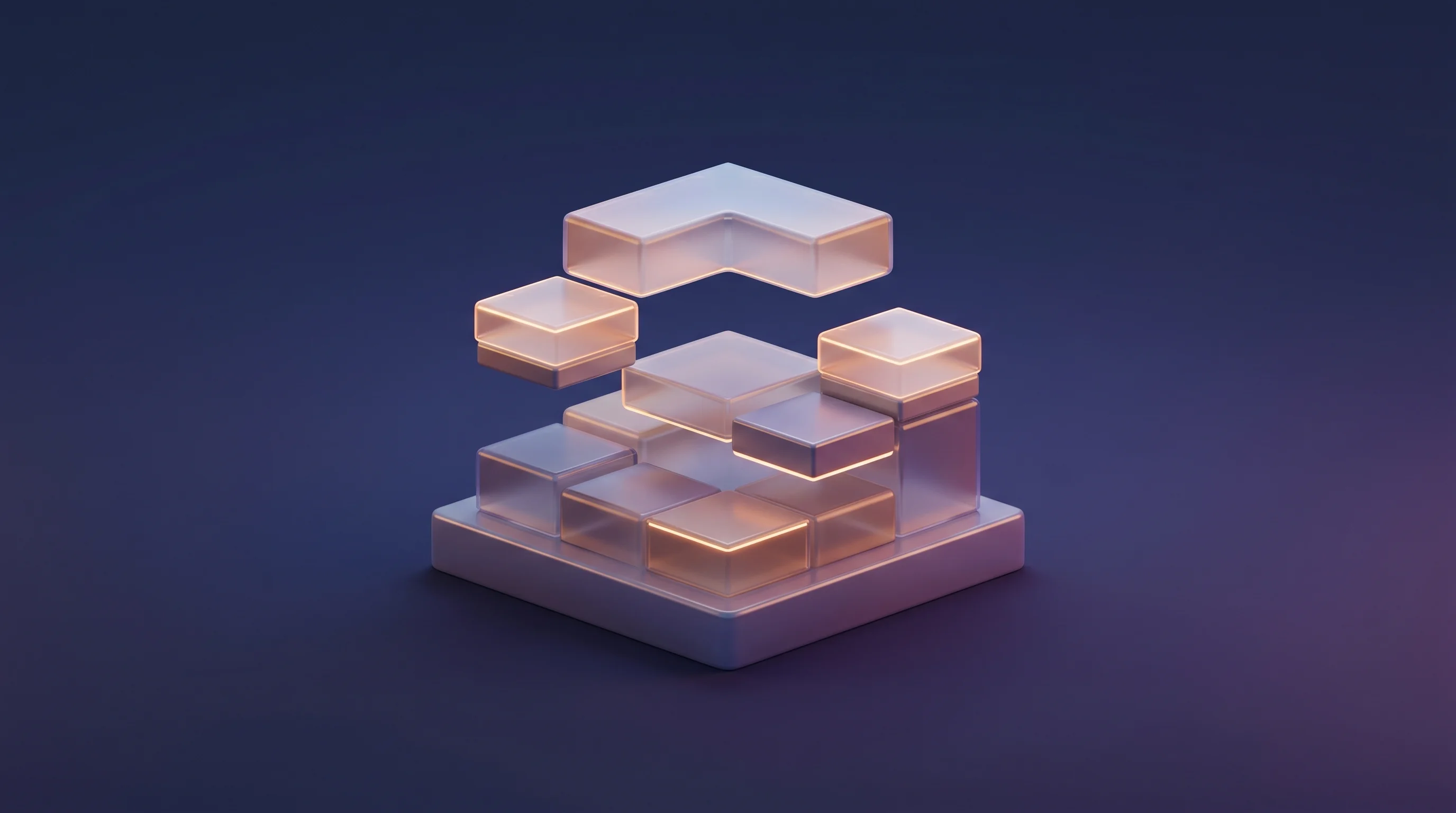 Digital illustration for article section "What Stitch Actually Builds" in "a16z Makes First Saudi Bet: Stitch Raises $25M for Banking OS" - A clean, minimal 3D conceptual artwork of smooth, interlocking architectural building blocks gently ...