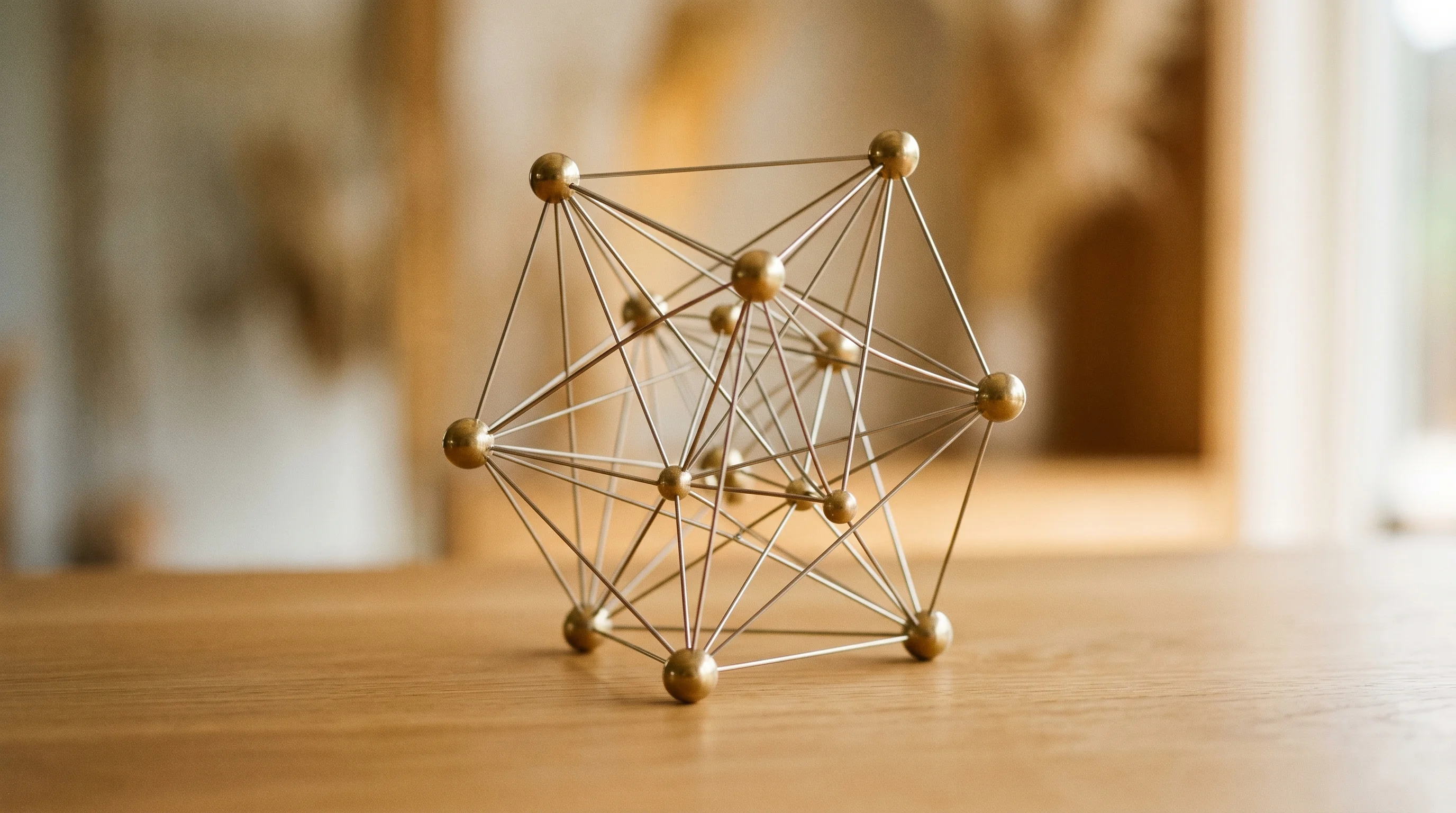Digital illustration for article section "A category gaining definition" in "Jedify Raises $24M Series A for Enterprise AI Context Platform" - A clean, minimalist geometric structure of sleek, interconnected spheres and delicate intersecting l...