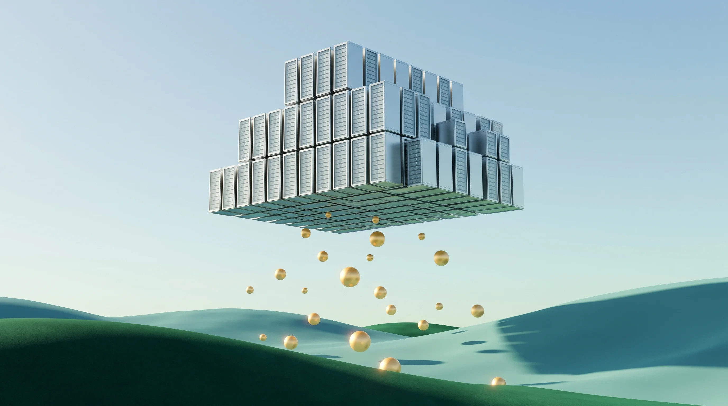 Digital illustration for article section "The Verdict Ahead" in "TensorWave Raises $350M to Challenge Nvidia With AMD Chips" - A surrealist conceptual photograph representing the booming neocloud market and massive venture capi...